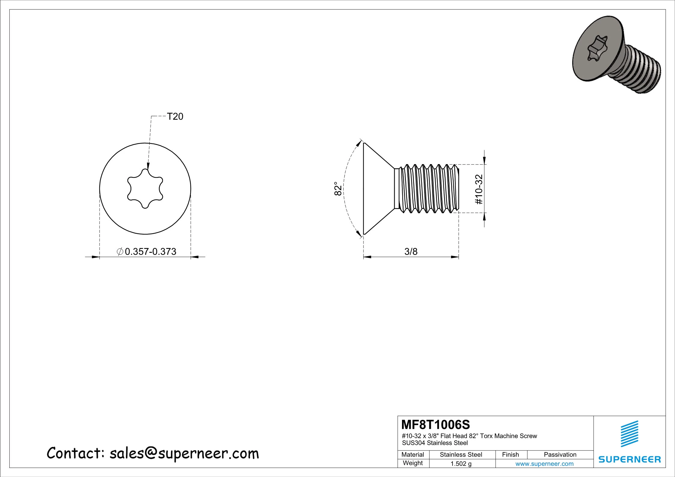 10-32 x 3/8" Flat Head 82° Torx Machine Screw SUS304 Stainless Steel Inox