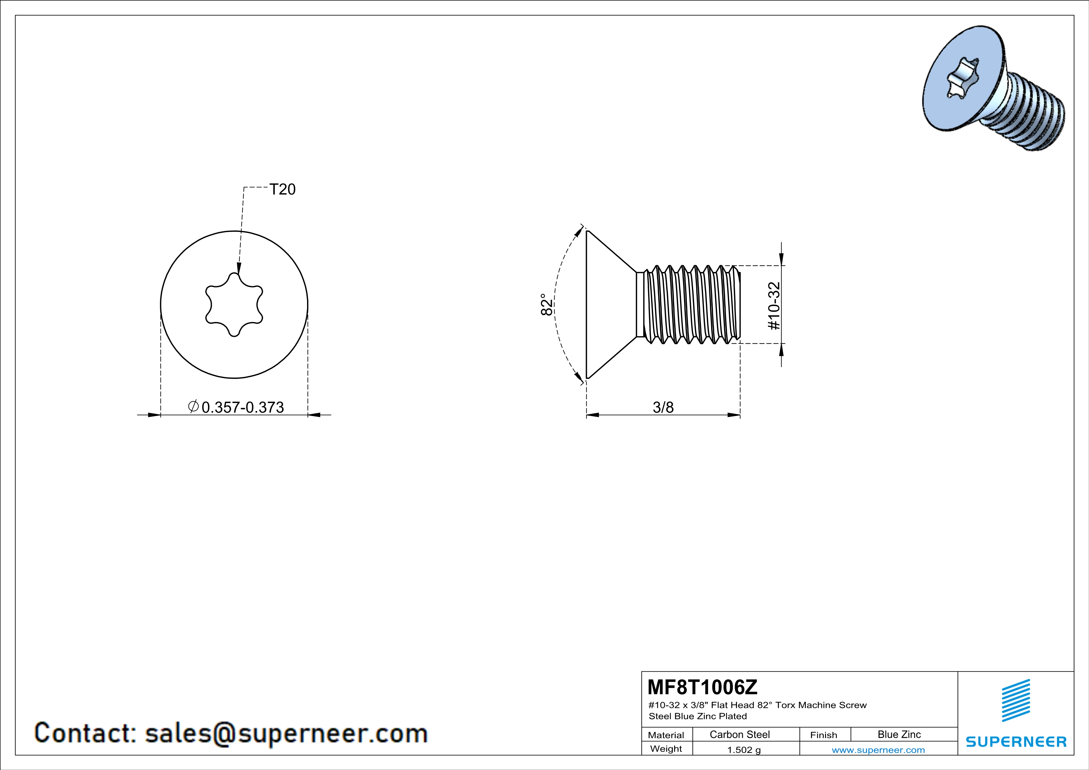 10-32 x 3/8" Flat Head 82° Torx Machine Screw Steel Blue Zinc Plated
