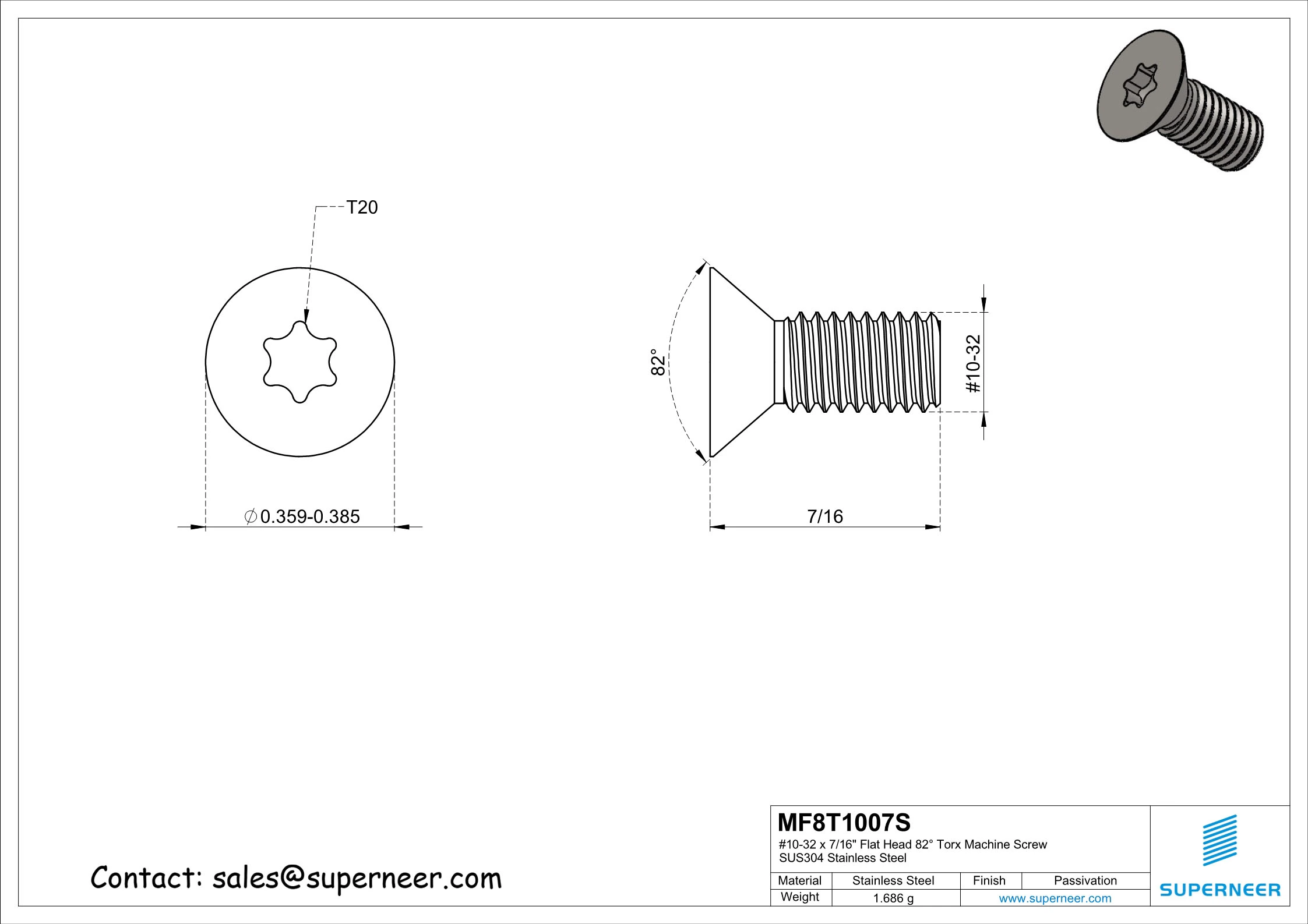 10-32 x 7/16" Flat Head 82° Torx Machine Screw SUS304 Stainless Steel Inox