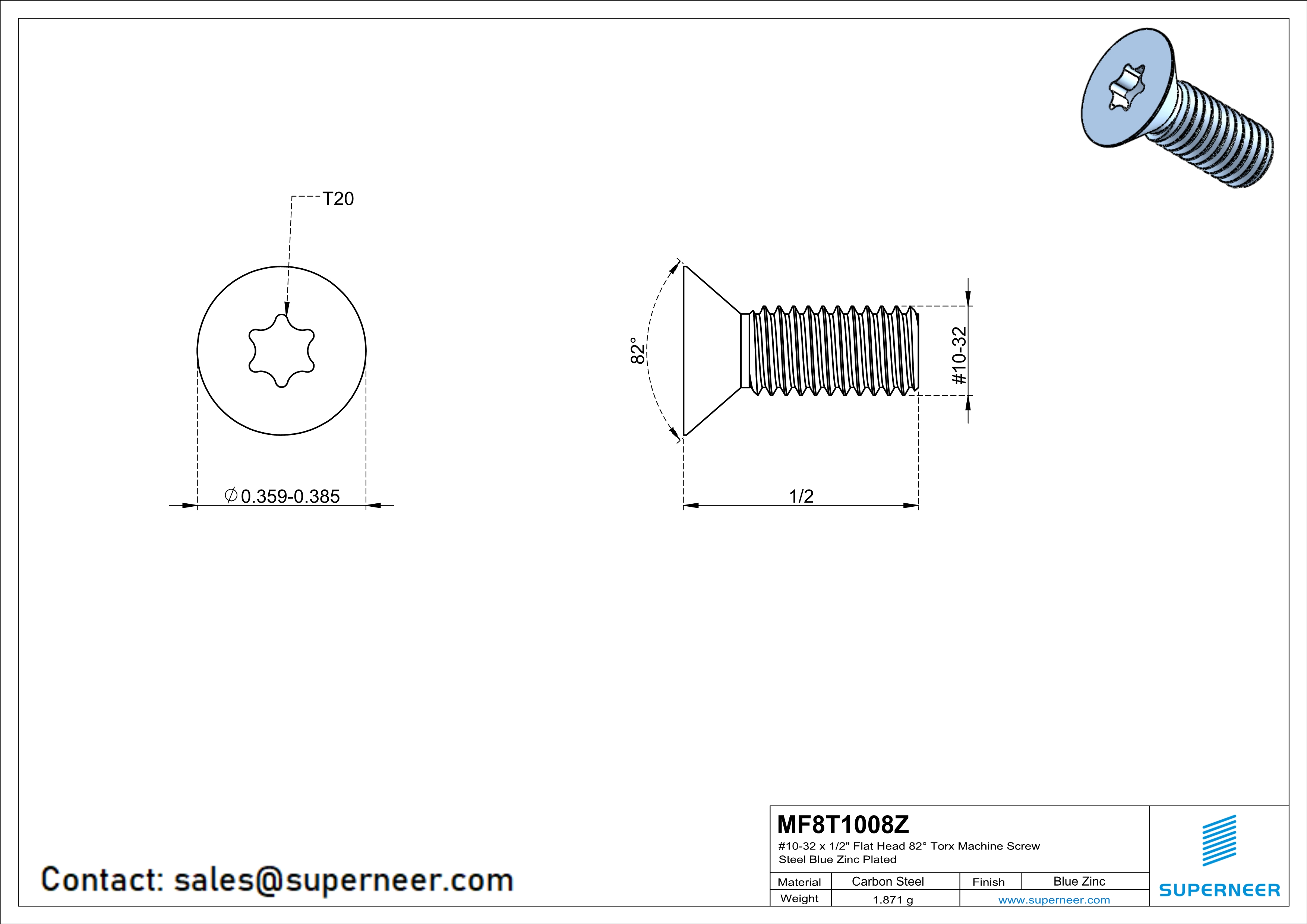 10-32 x 1/2" Flat Head 82° Torx Machine Screw Steel Blue Zinc Plated