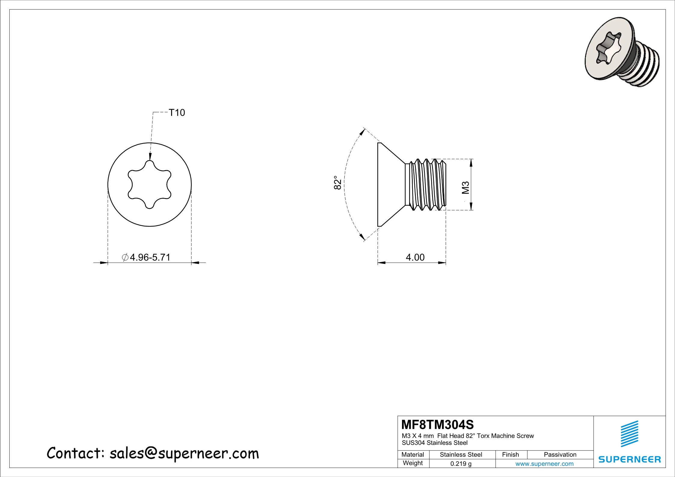 M3 x 4 mm Flat Head 82° Torx Machine Screw SUS304 Stainless Steel Inox