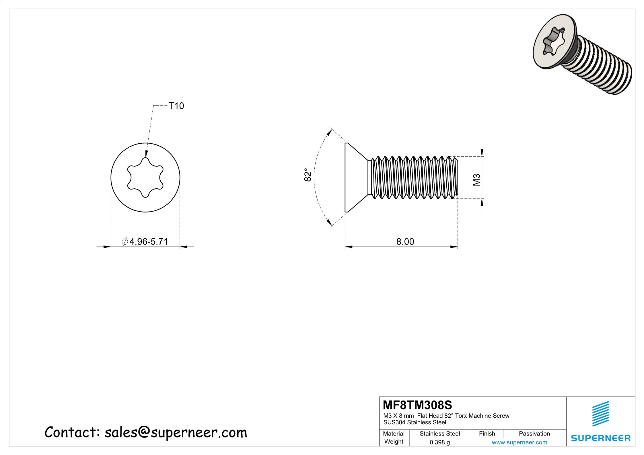 M3 x 8 mm Flat Head 82° Torx Machine Screw SUS304 Stainless Steel Inox