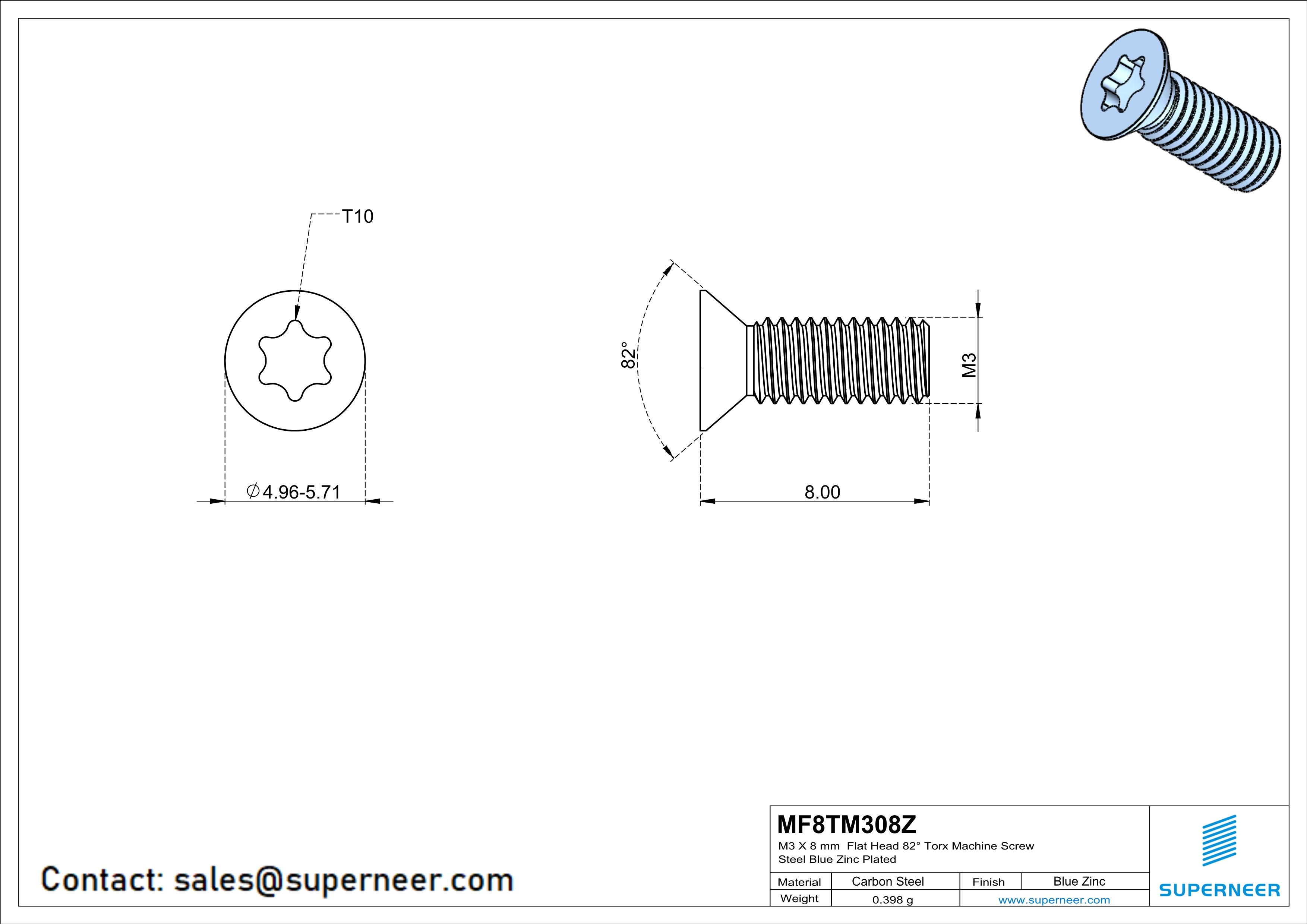 M3 x 8 mm Flat Head 82° Torx Machine Screw Steel Blue Zinc Plated