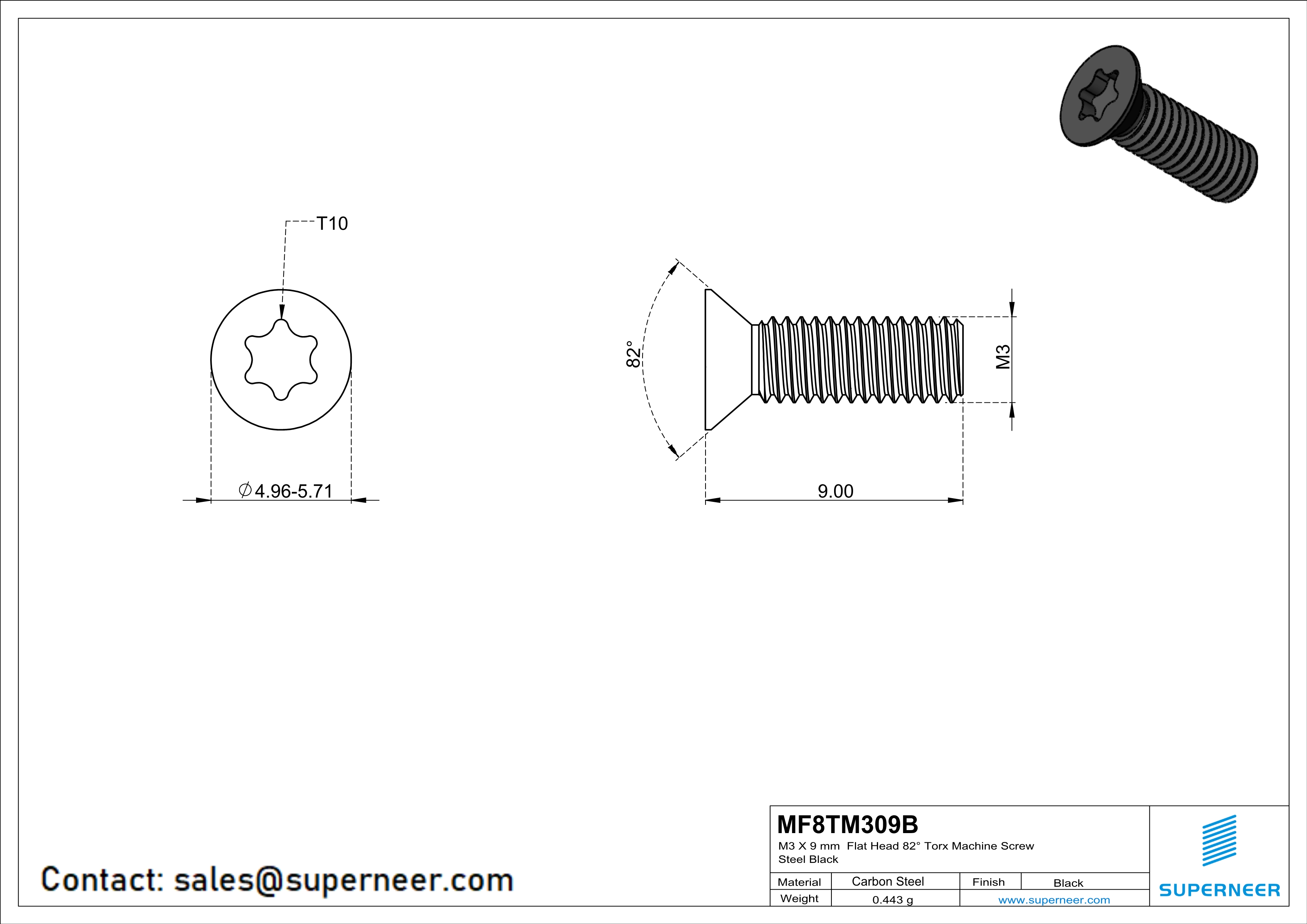 M3 x 9 mm Flat Head 82° Torx Machine Screw Steel Black