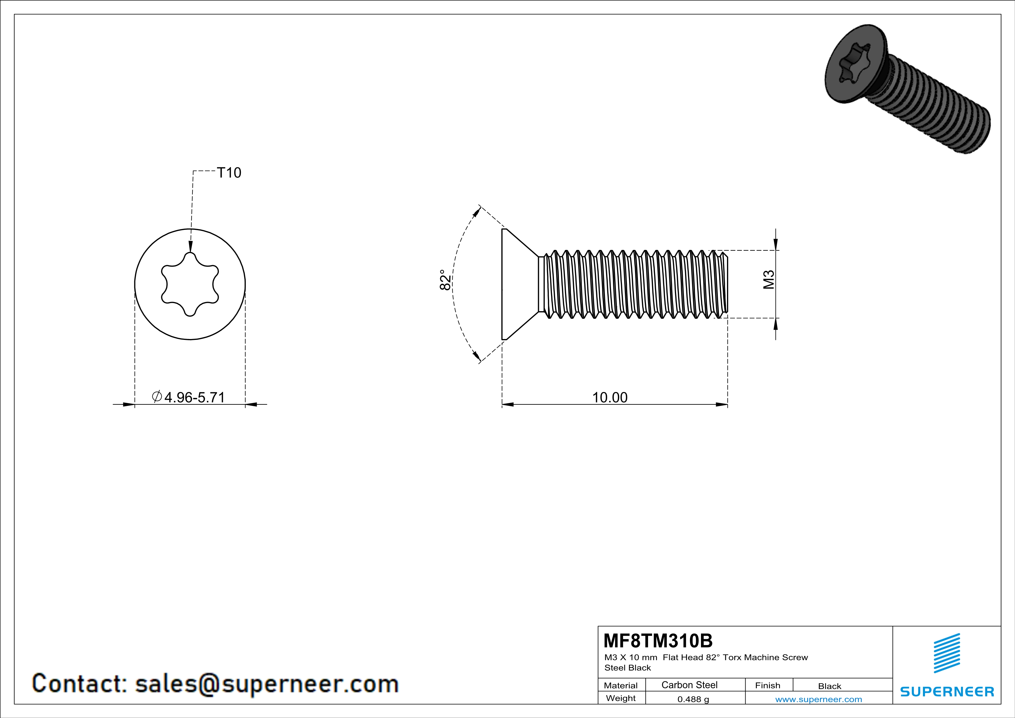 M3 x 10 mm Flat Head 82° Torx Machine Screw Steel Black