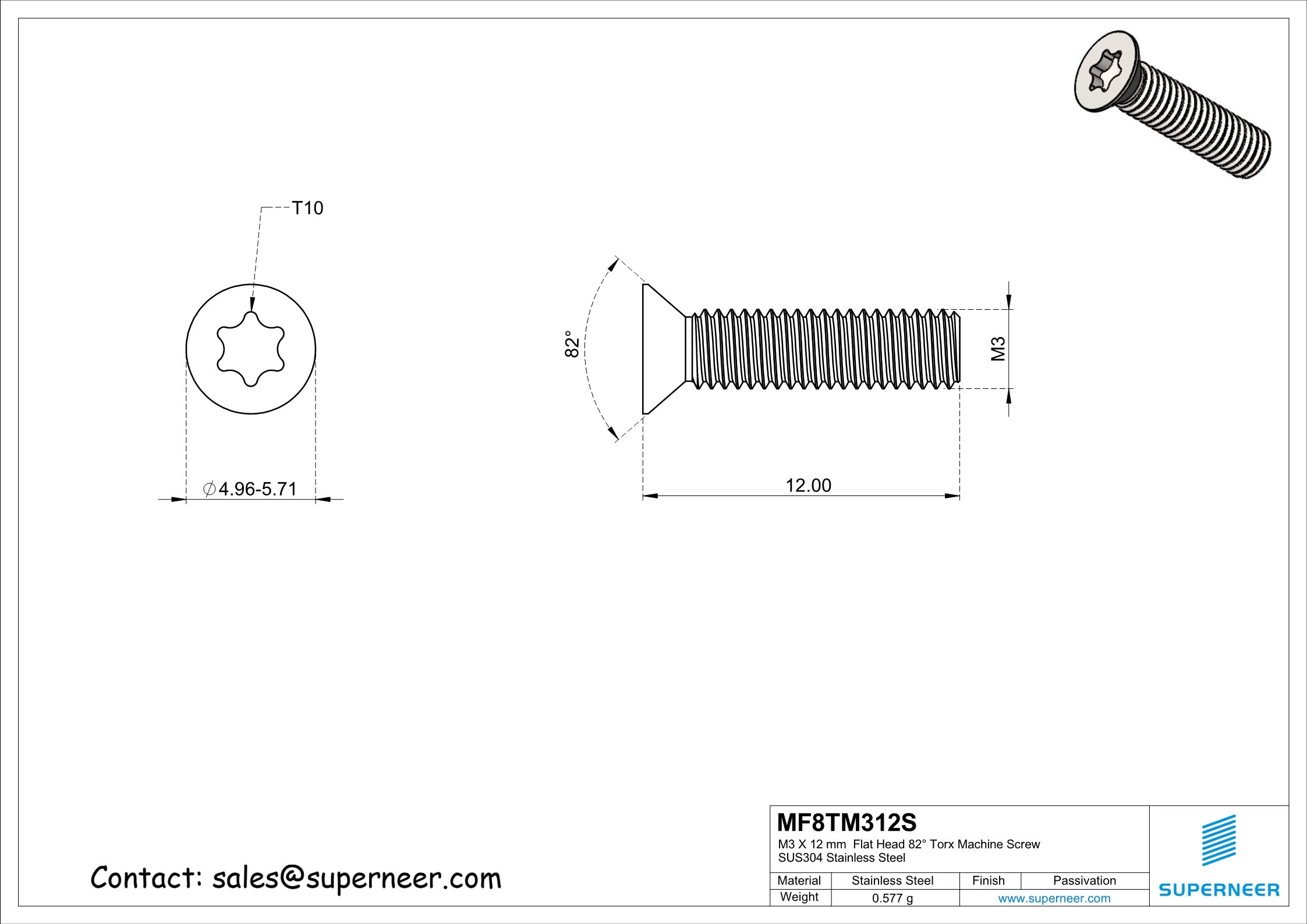 M3 x 12 mm Flat Head 82° Torx Machine Screw SUS304 Stainless Steel Inox