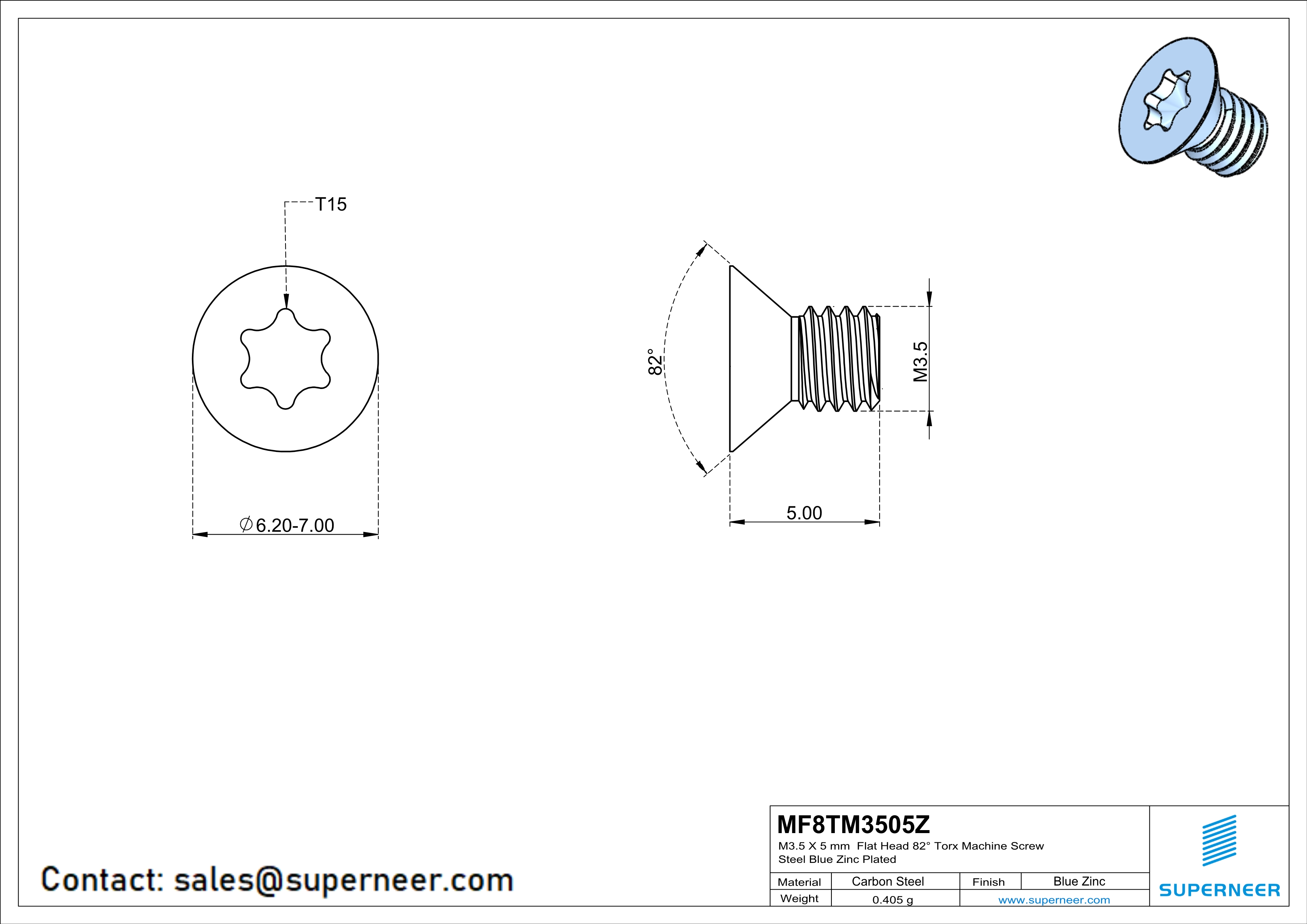 M3.5 x 5 mm Flat Head 82° Torx Machine Screw Steel Blue Zinc Plated
