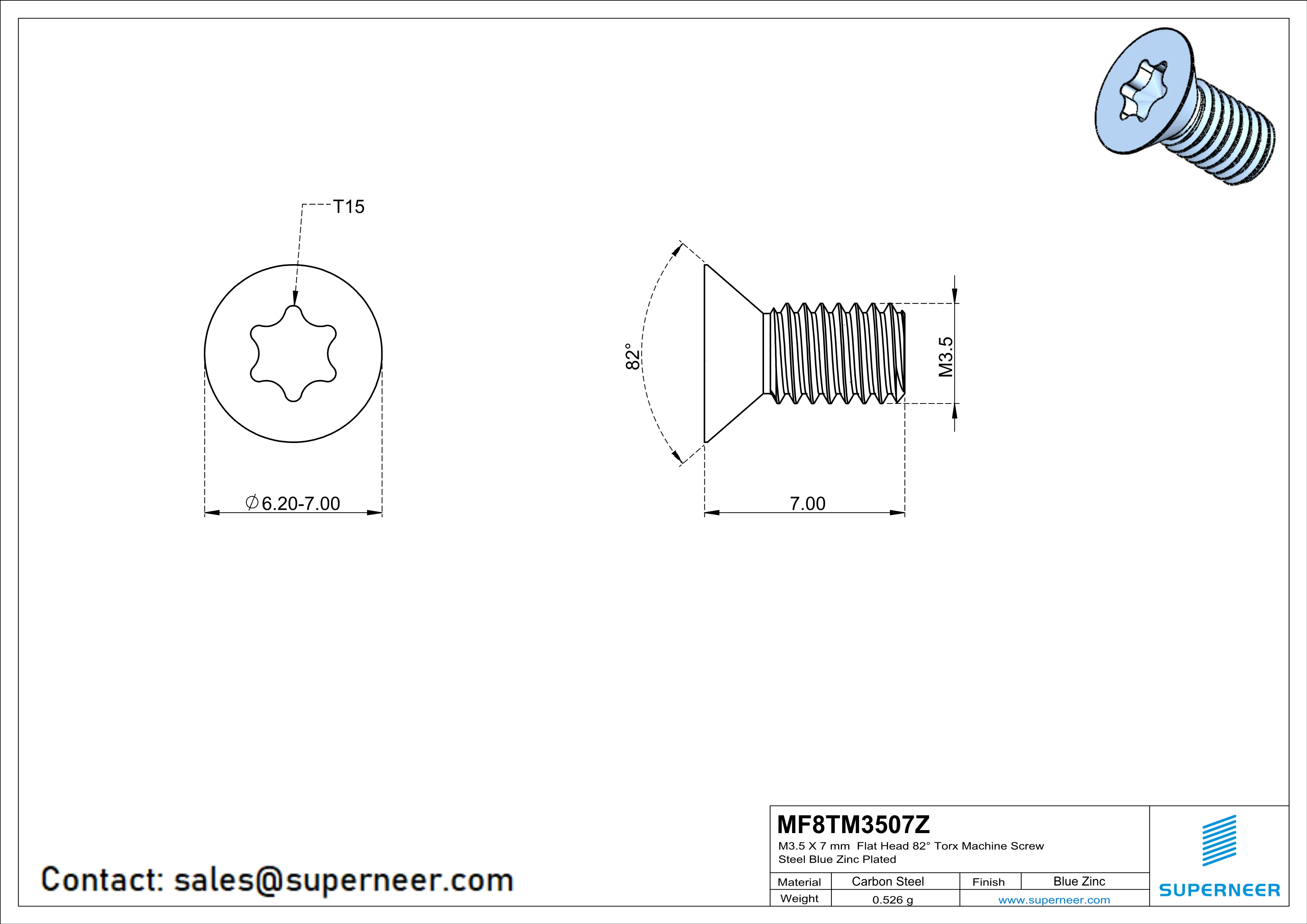 M3.5 x 7 mm Flat Head 82° Torx Machine Screw Steel Blue Zinc Plated