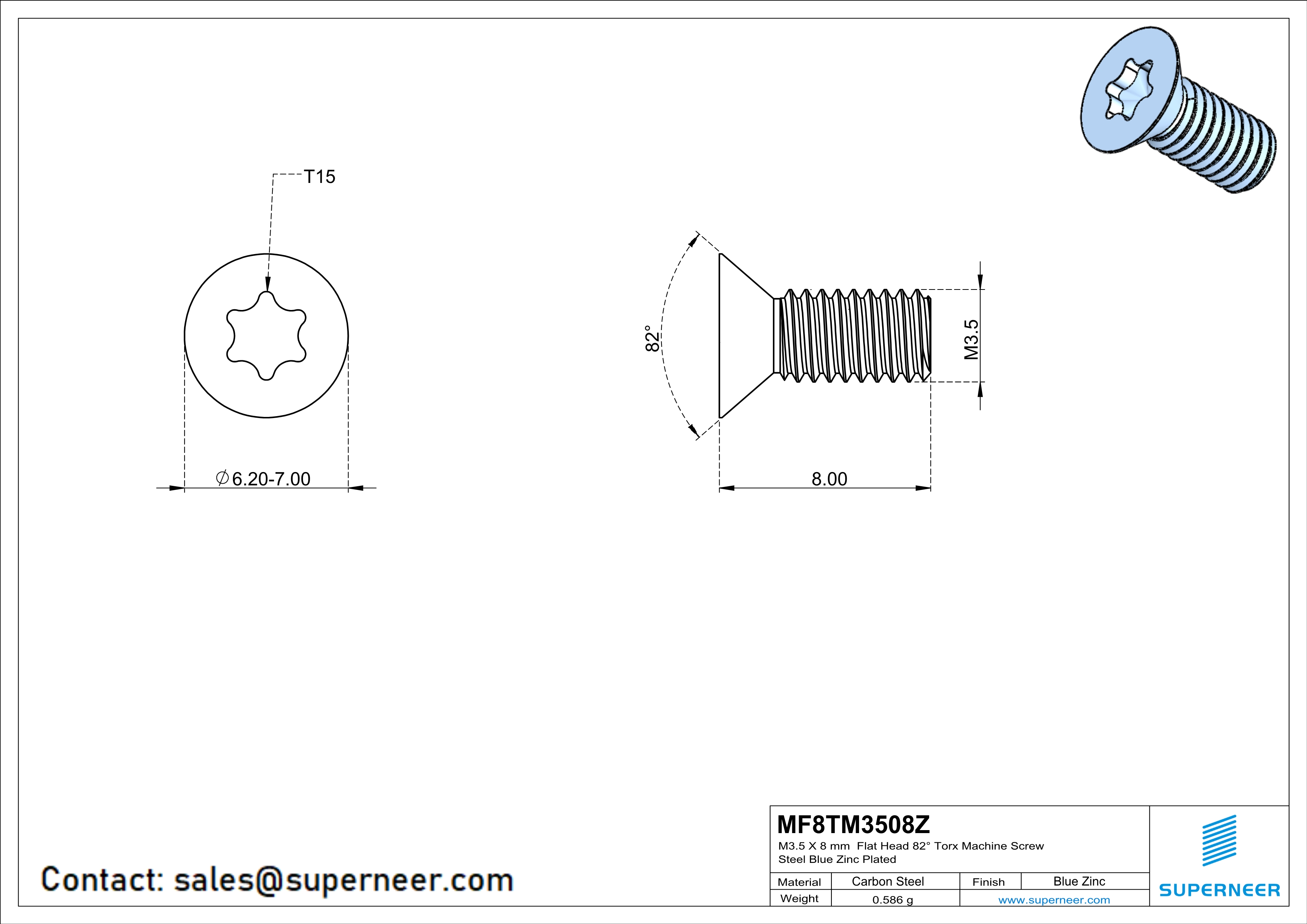 M3.5 x 8 mm Flat Head 82° Torx Machine Screw Steel Blue Zinc Plated