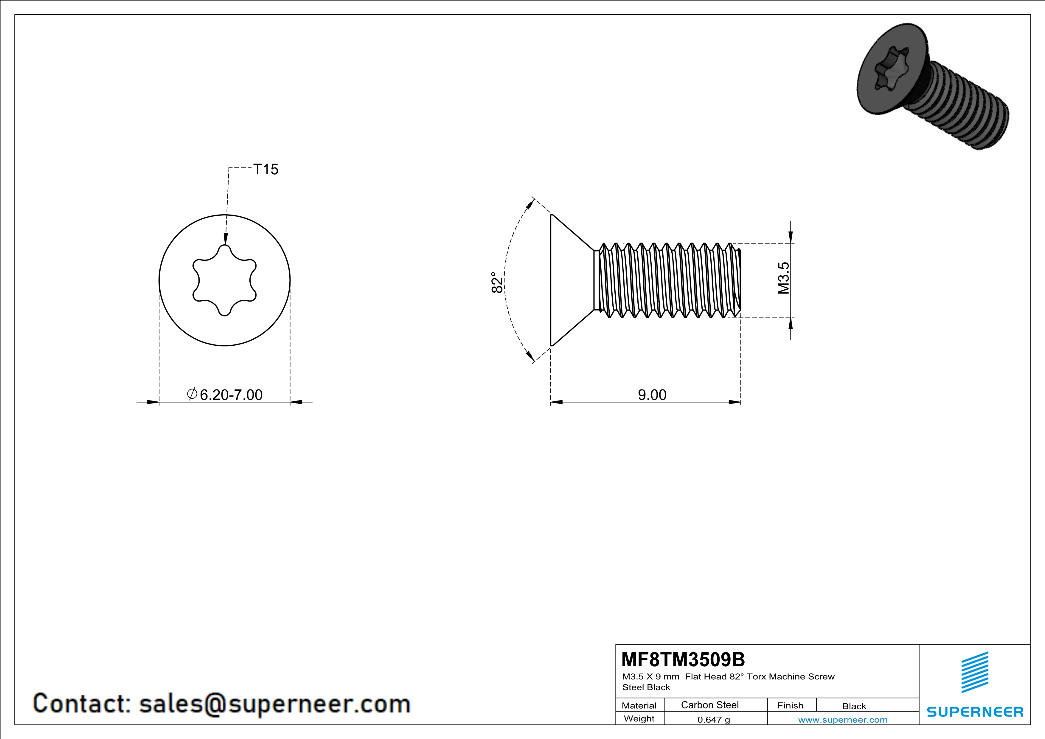 M3.5 x 9 mm Flat Head 82° Torx Machine Screw Steel Black