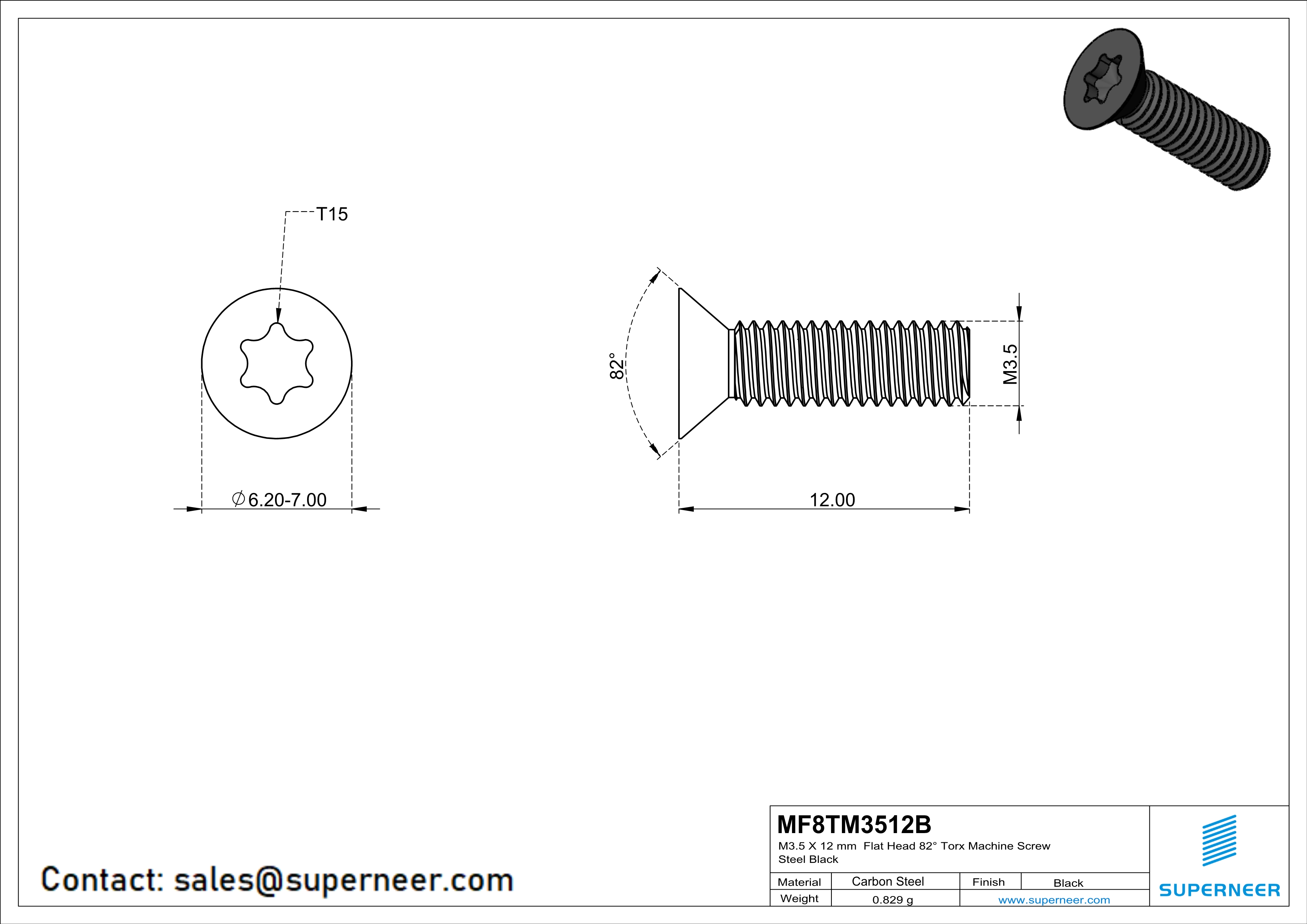 M3.5 x 12 mm Flat Head 82° Torx Machine Screw Steel Black