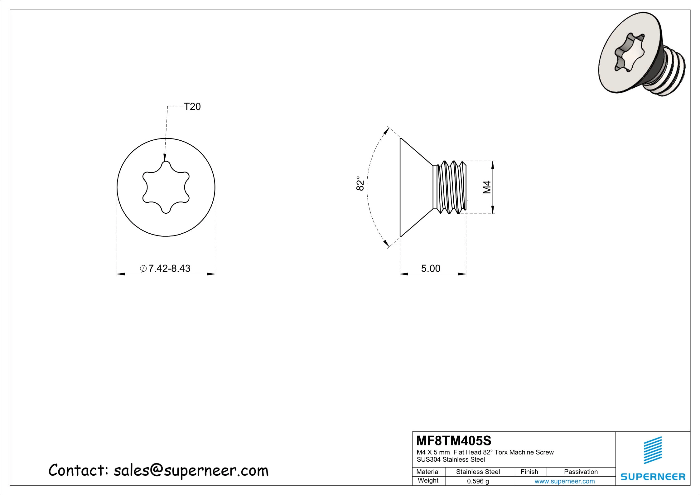 M4 x 5 mm Flat Head 82° Torx Machine Screw SUS304 Stainless Steel Inox