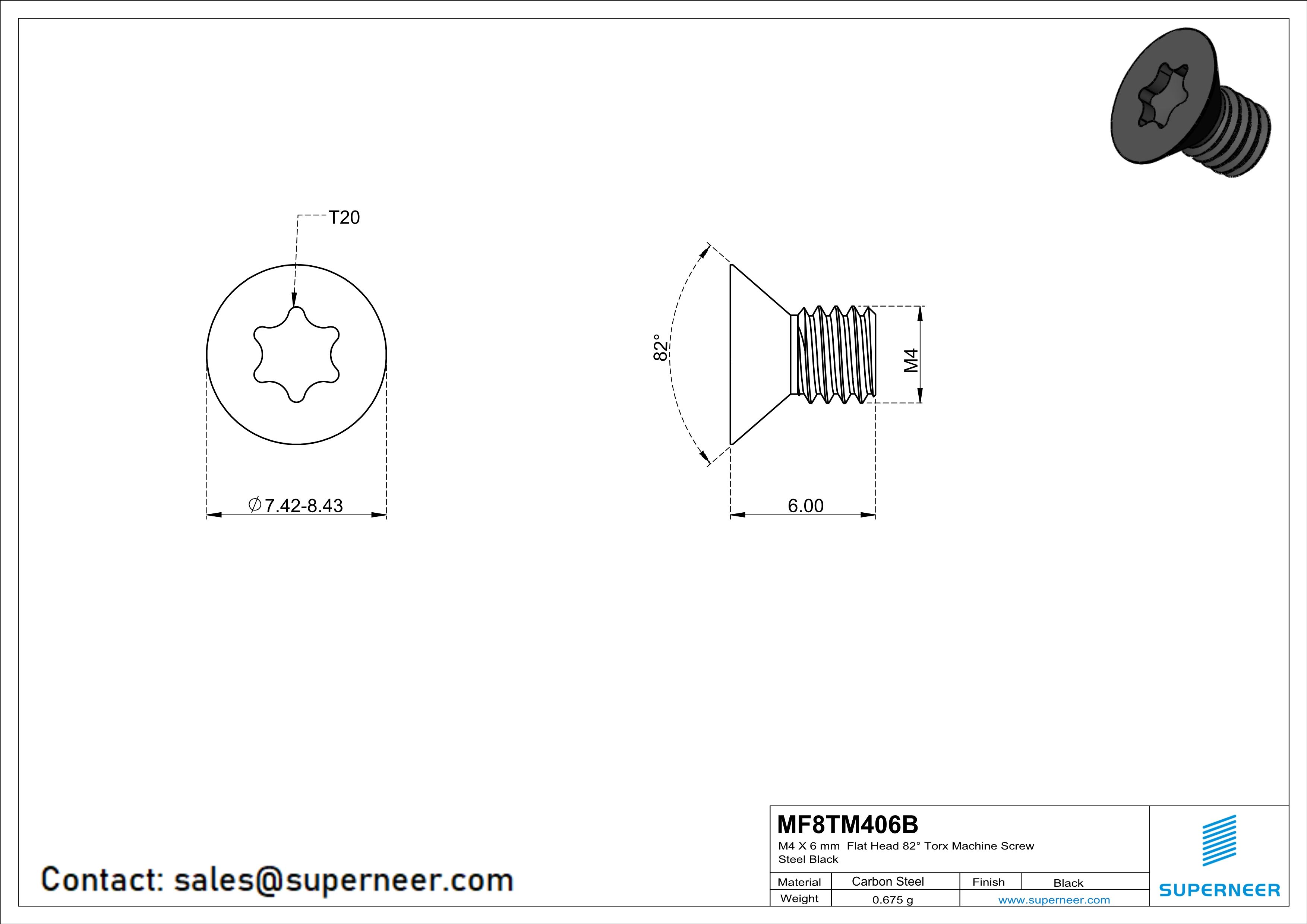 M4 x 6 mm Flat Head 82° Torx Machine Screw Steel Black