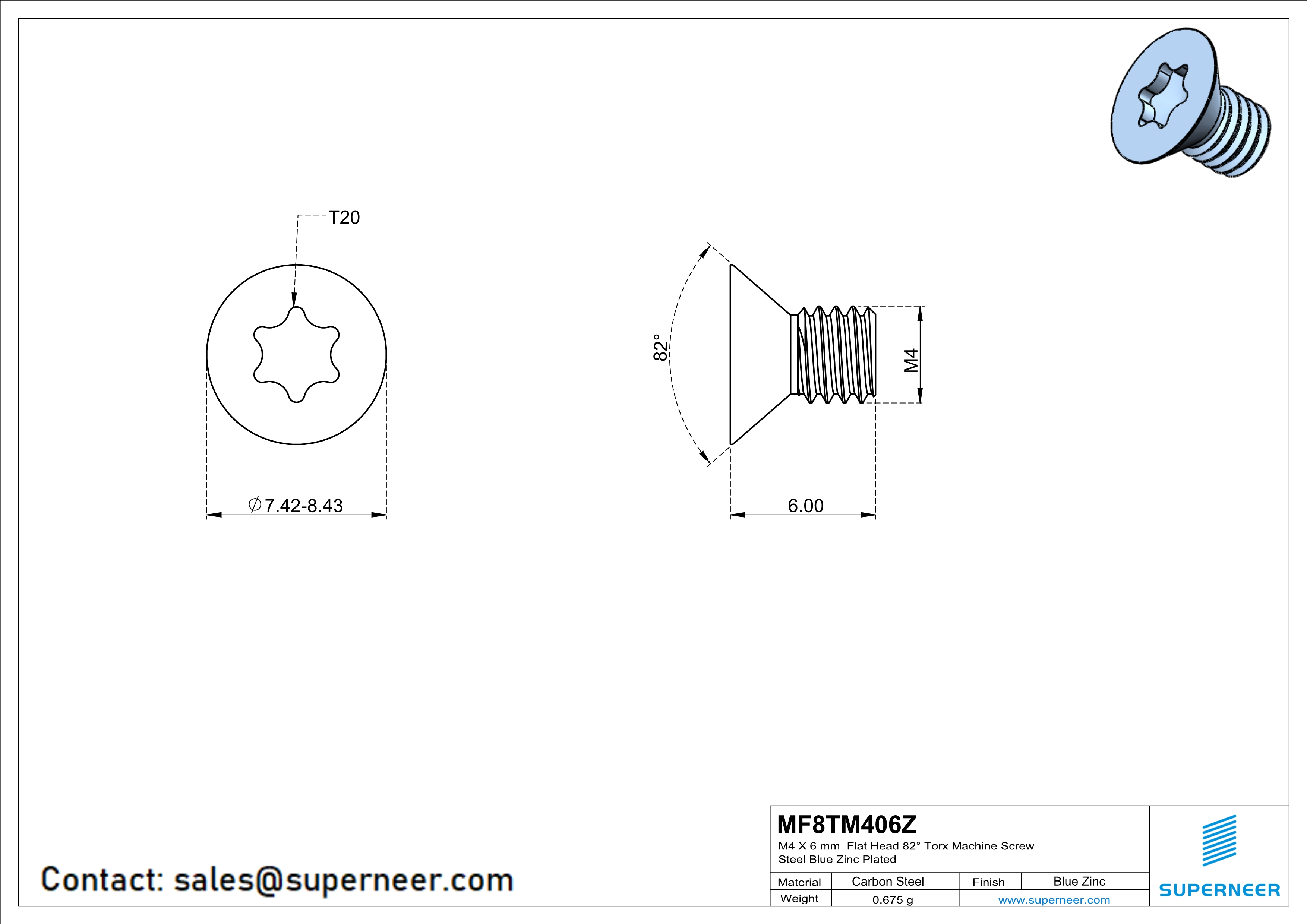 M4 x 6 mm Flat Head 82° Torx Machine Screw Steel Blue Zinc Plated