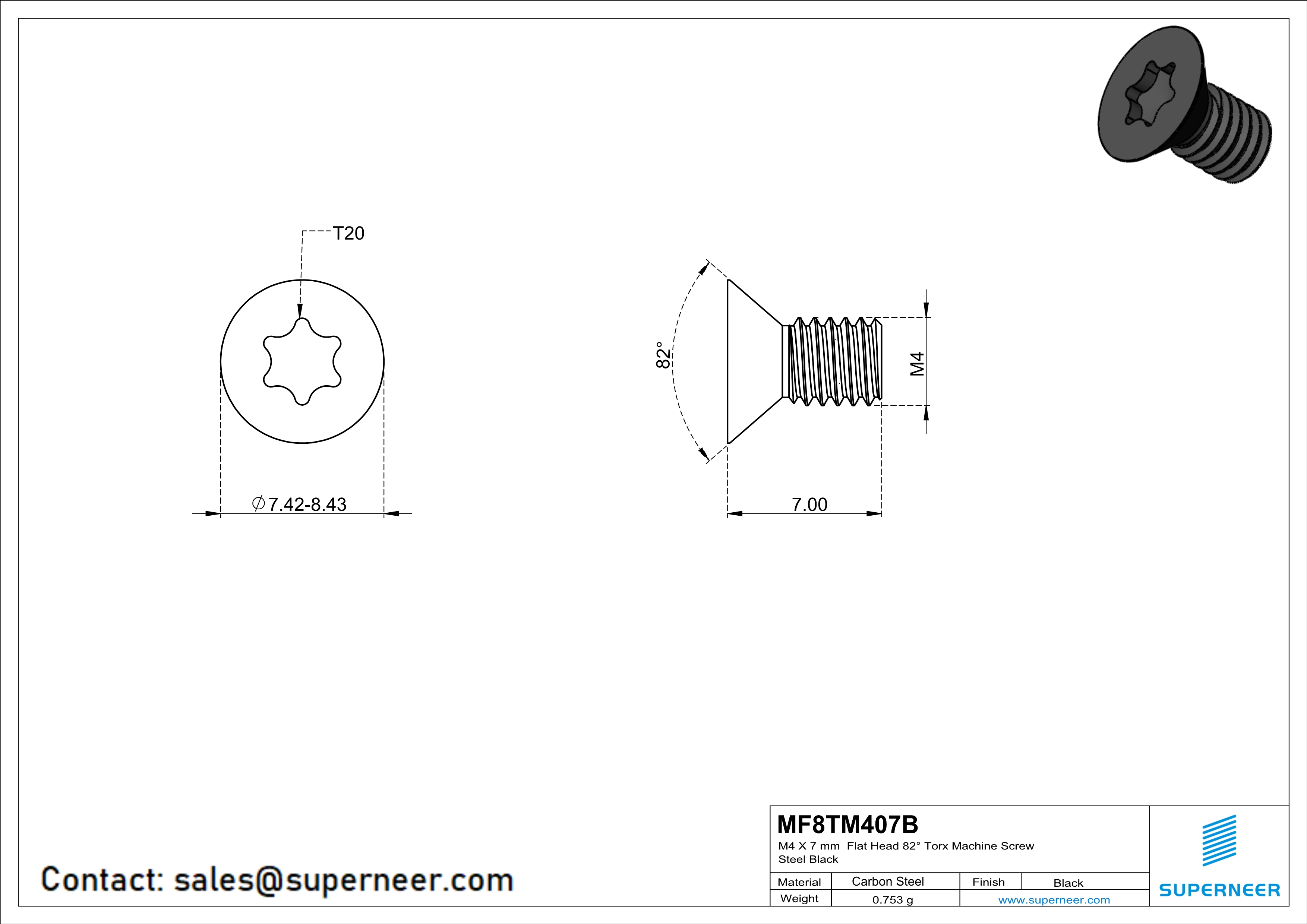 M4 x 7 mm Flat Head 82° Torx Machine Screw Steel Black