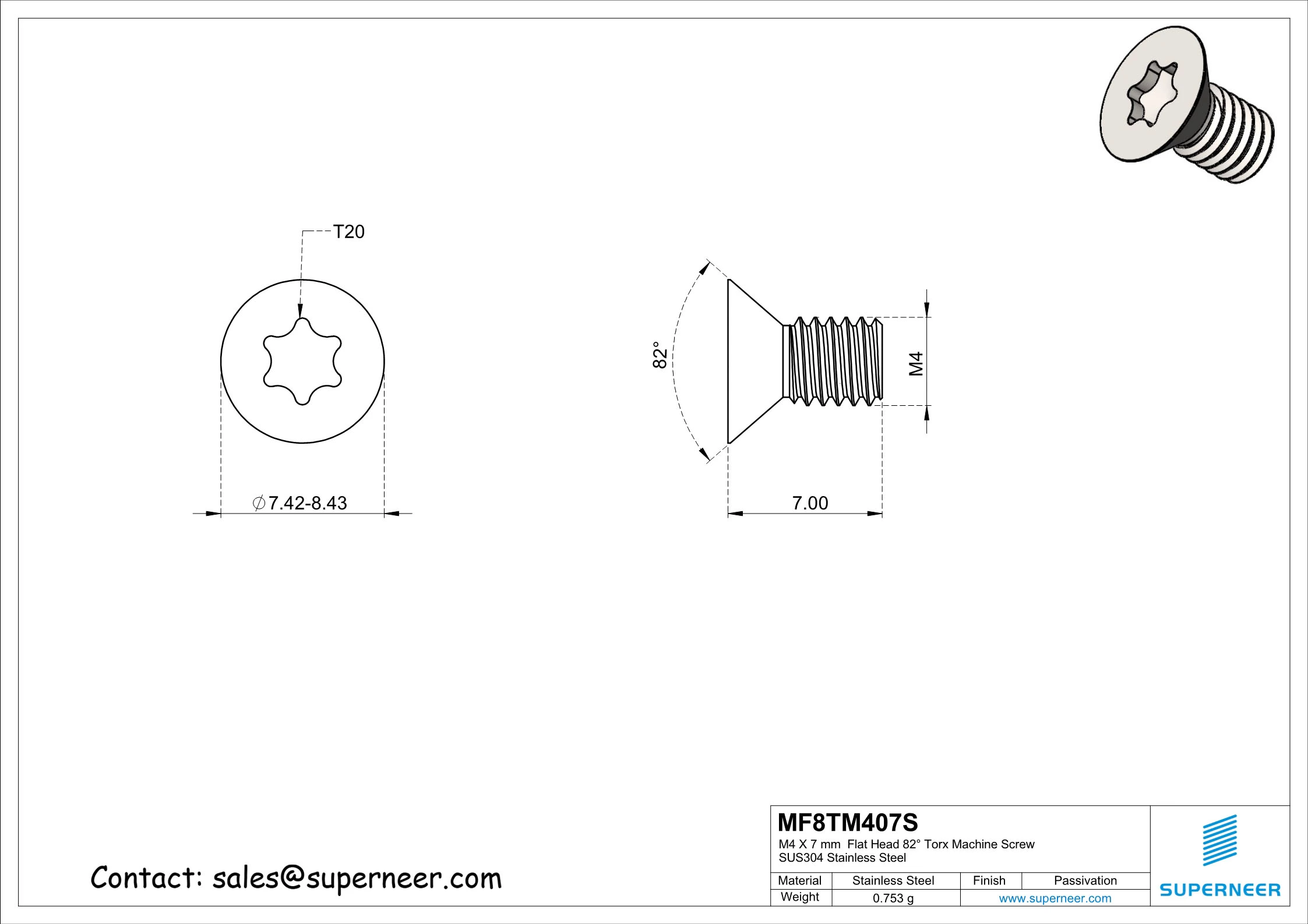 M4 x 7 mm Flat Head 82° Torx Machine Screw SUS304 Stainless Steel Inox