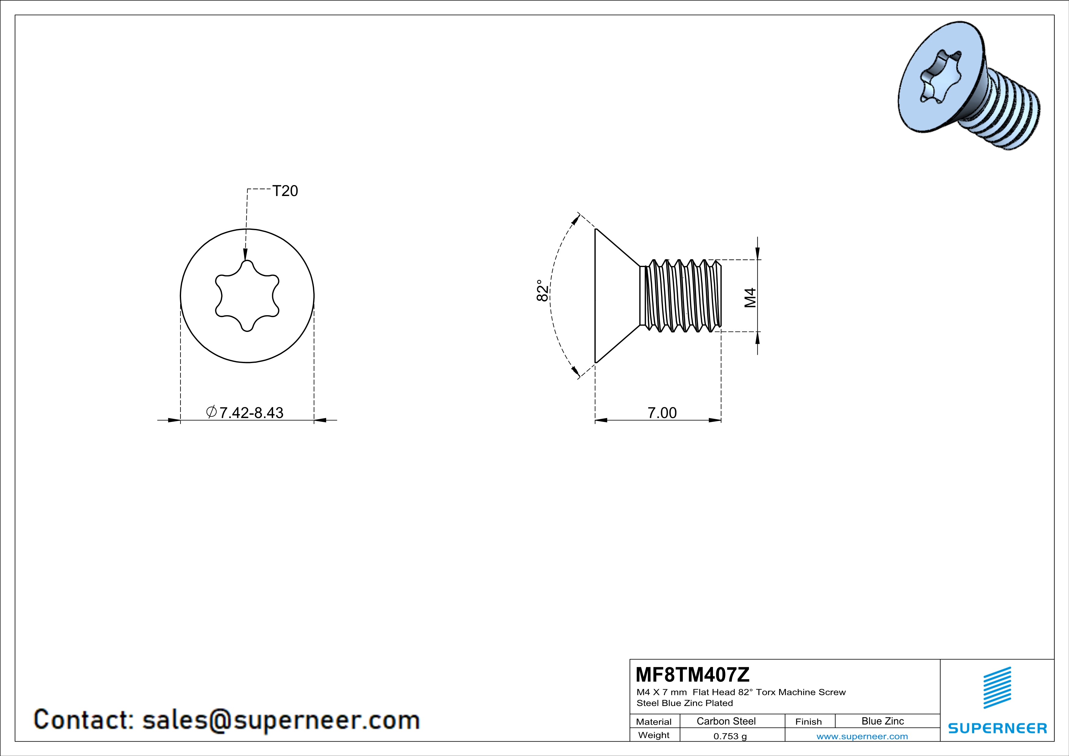 M4 x 7 mm Flat Head 82° Torx Machine Screw Steel Blue Zinc Plated