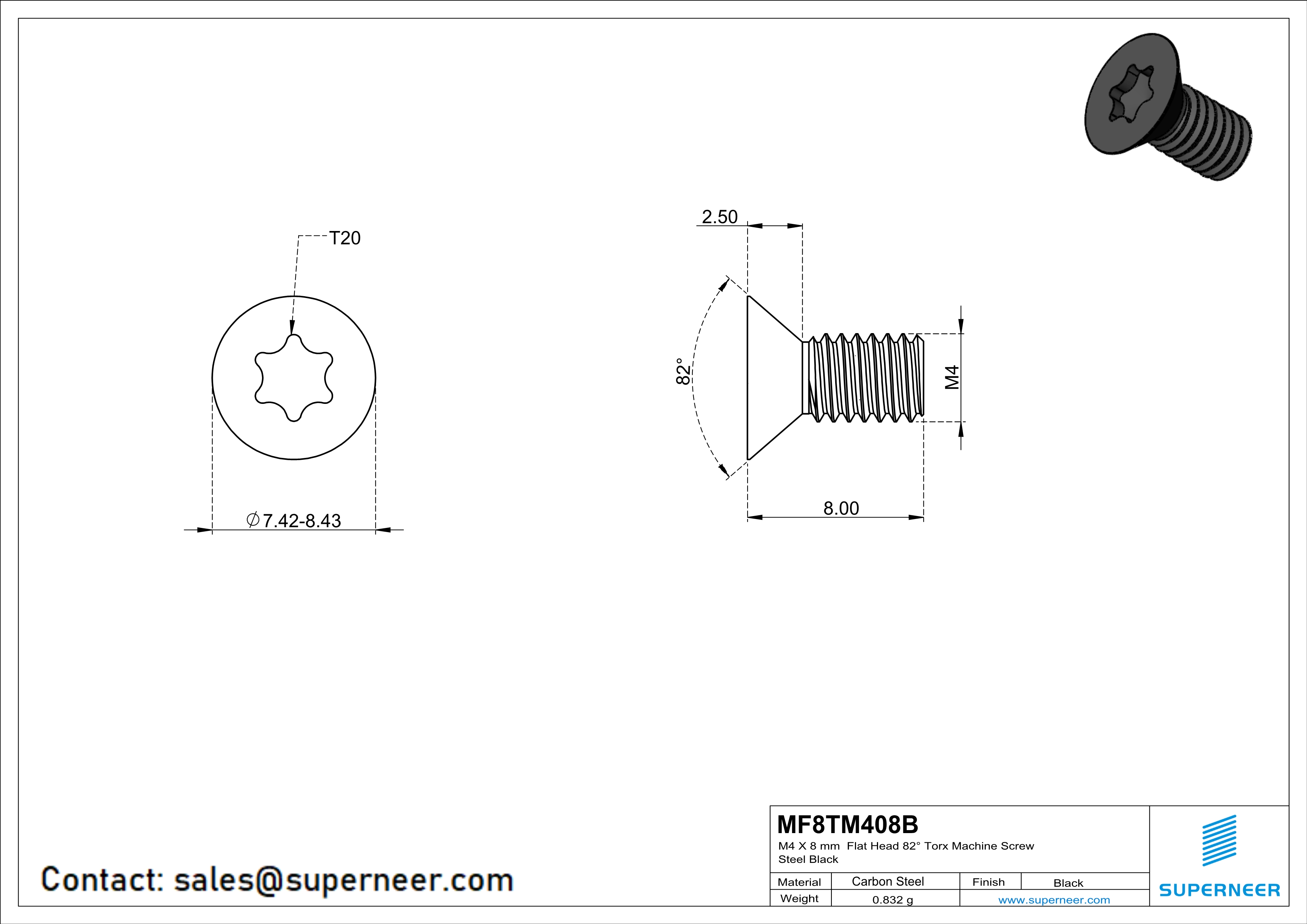 M4 x 8 mm Flat Head 82° Torx Machine Screw Steel Black