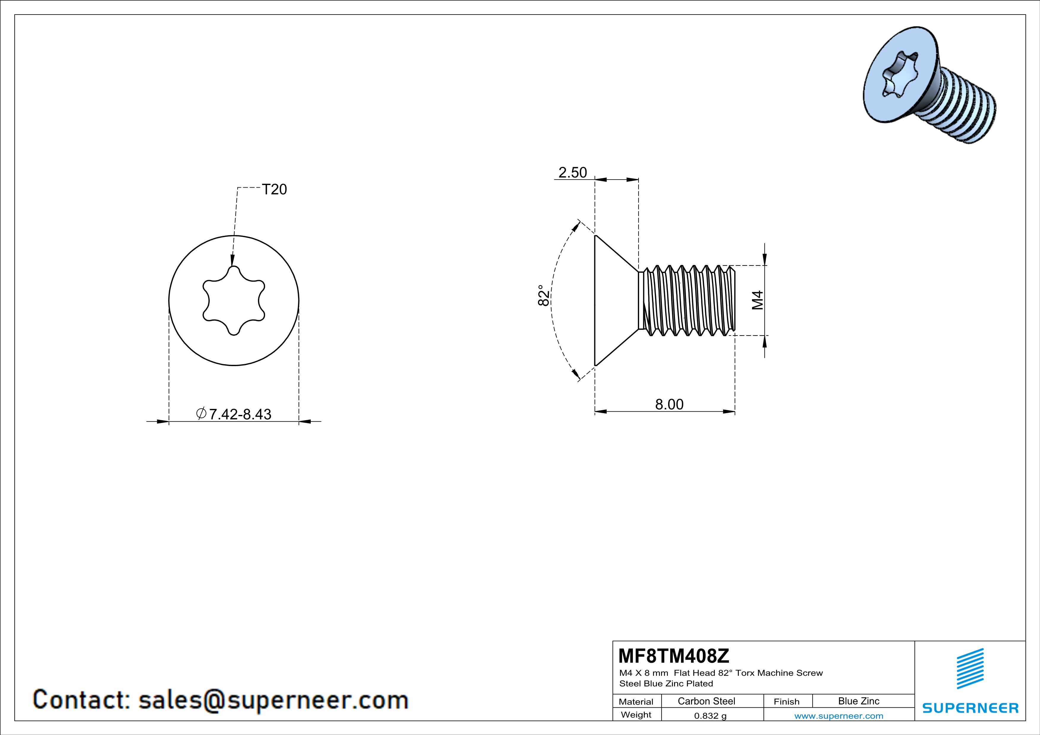 M4 x 8 mm Flat Head 82° Torx Machine Screw Steel Blue Zinc Plated