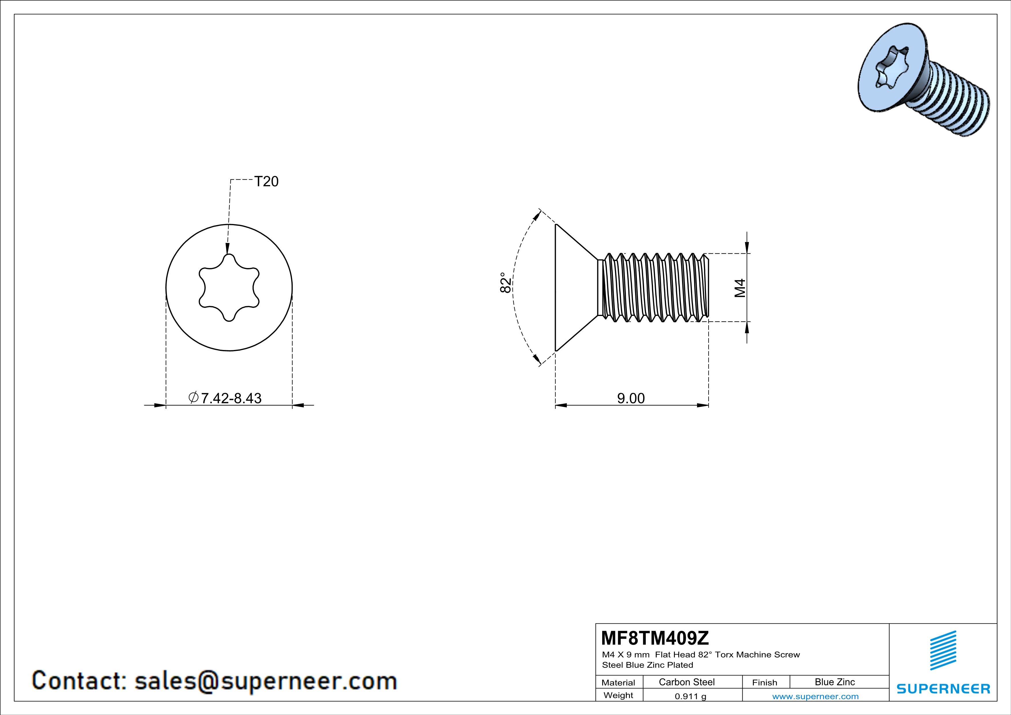 M4 x 9 mm Flat Head 82° Torx Machine Screw Steel Blue Zinc Plated