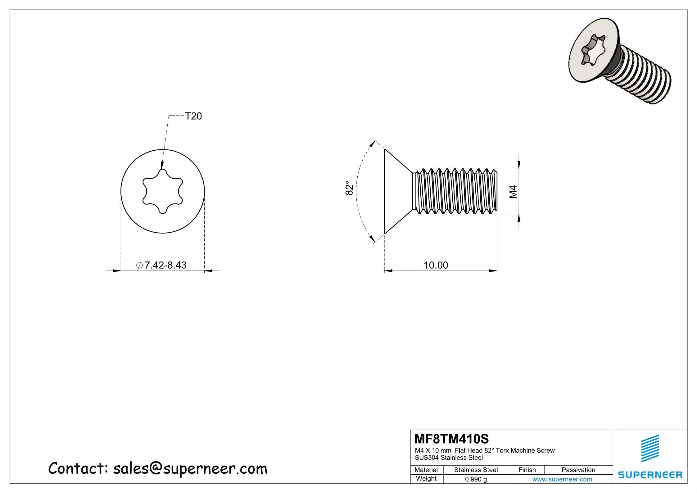 M4 x 10 mm Flat Head 82° Torx Machine Screw SUS304 Stainless Steel Inox