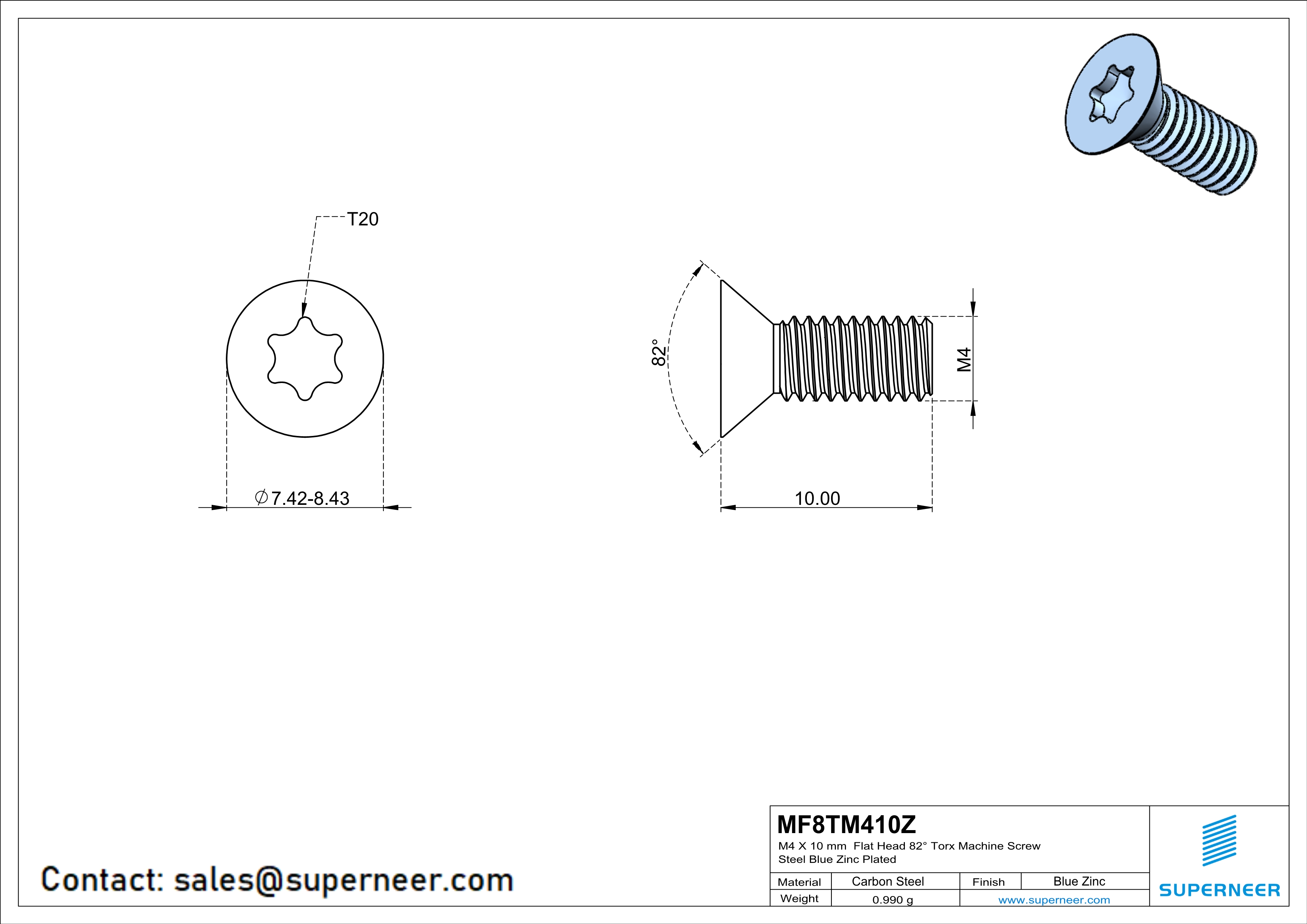 M4 x 10 mm Flat Head 82° Torx Machine Screw Steel Blue Zinc Plated