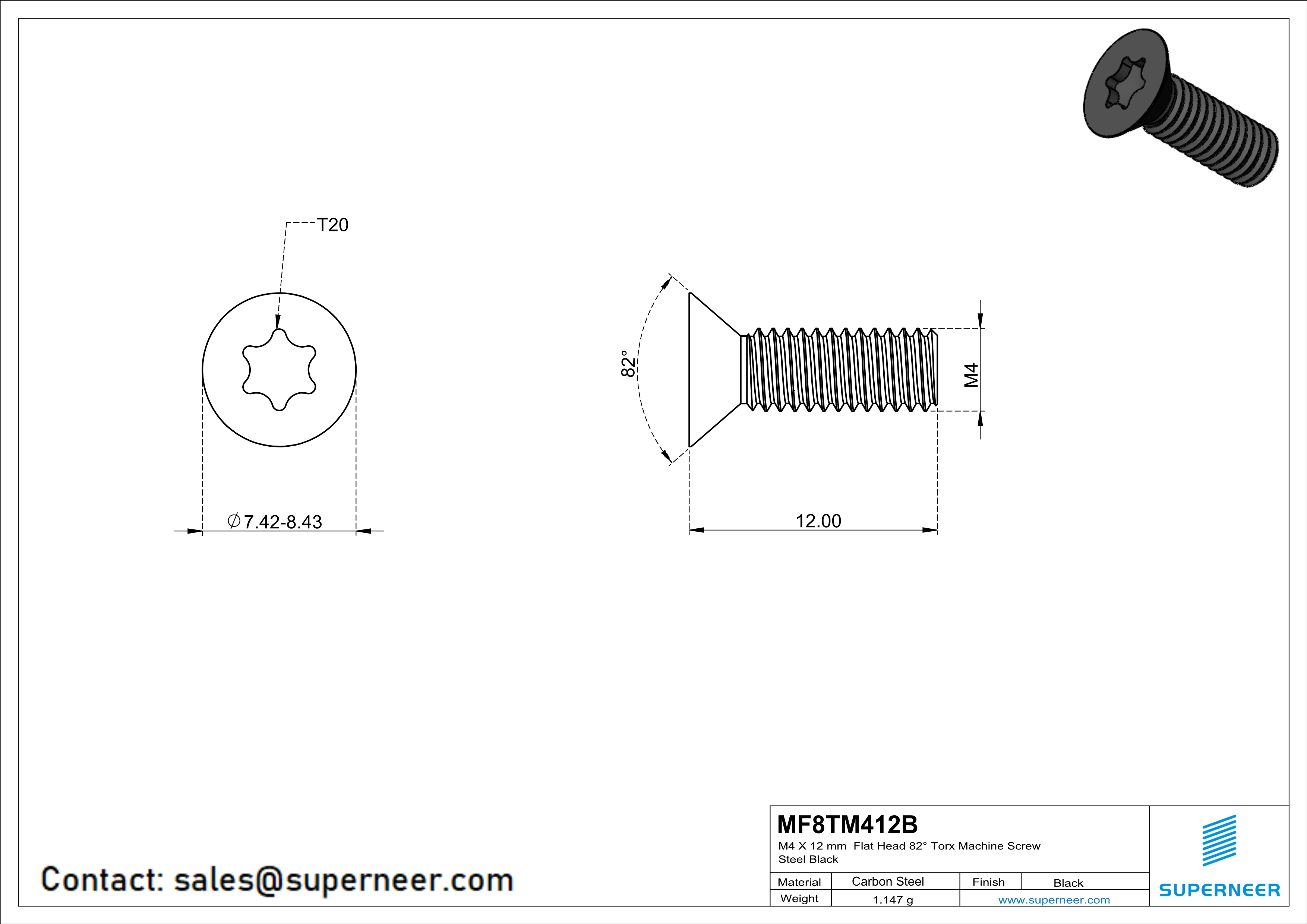 M4 x 12 mm Flat Head 82° Torx Machine Screw Steel Black