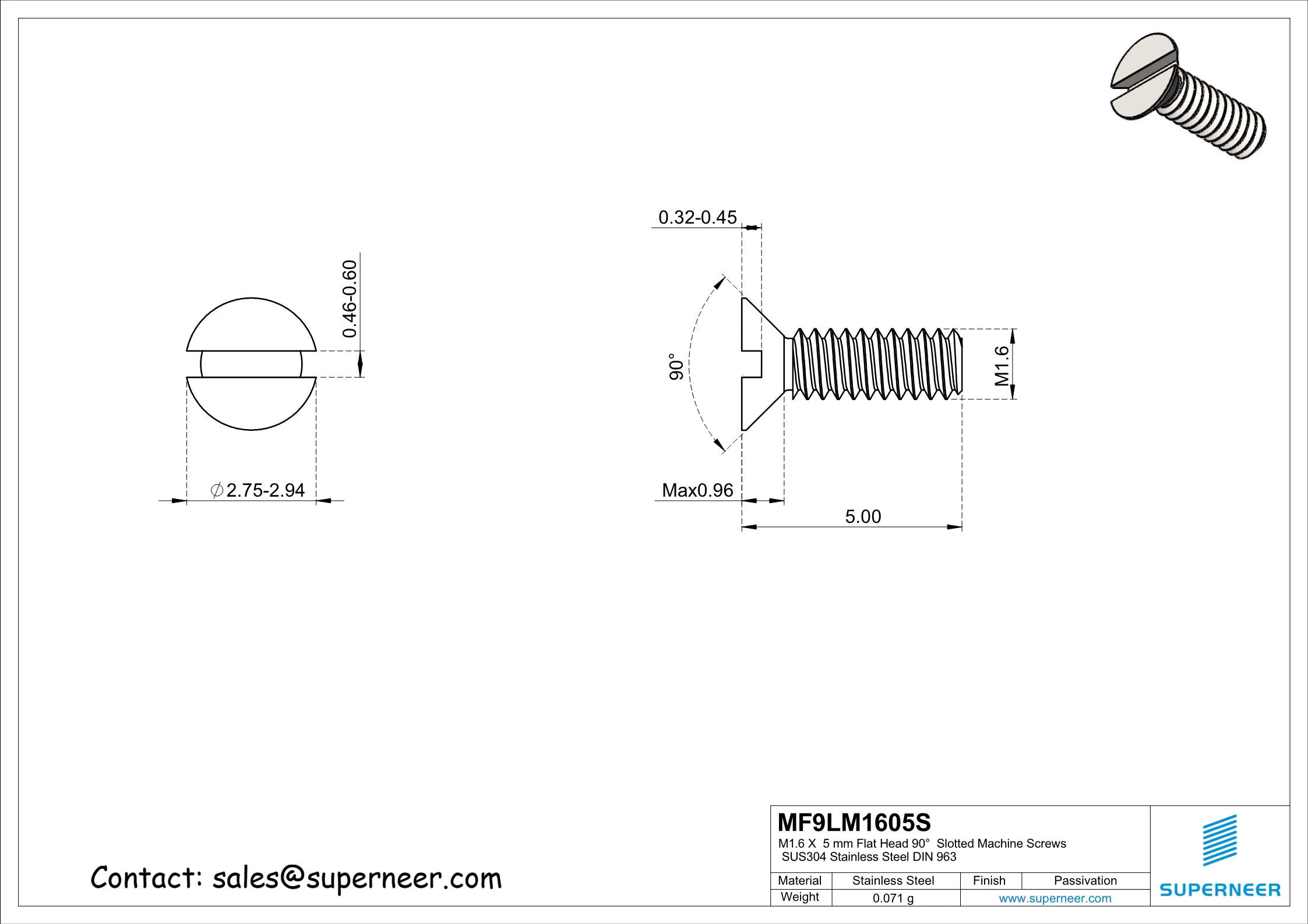 M1.6 x  5 mm Flat Head 90°  Slotted Machine Screws SUS304 Stainless Steel Inox DIN 963