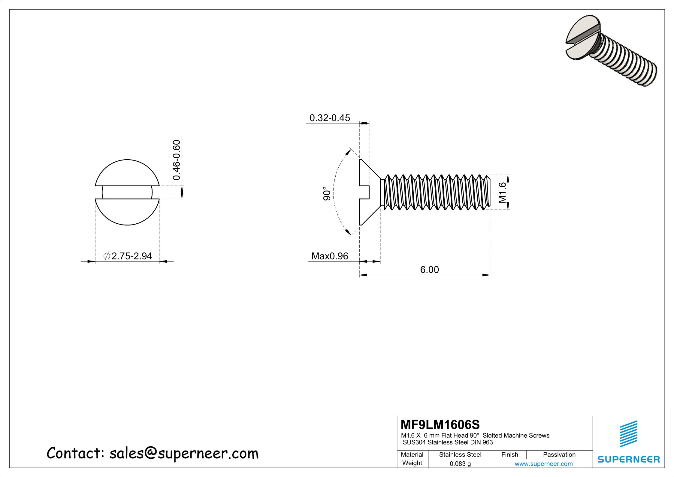 M1.6 x  6 mm Flat Head 90°  Slotted Machine Screws SUS304 Stainless Steel Inox DIN 963