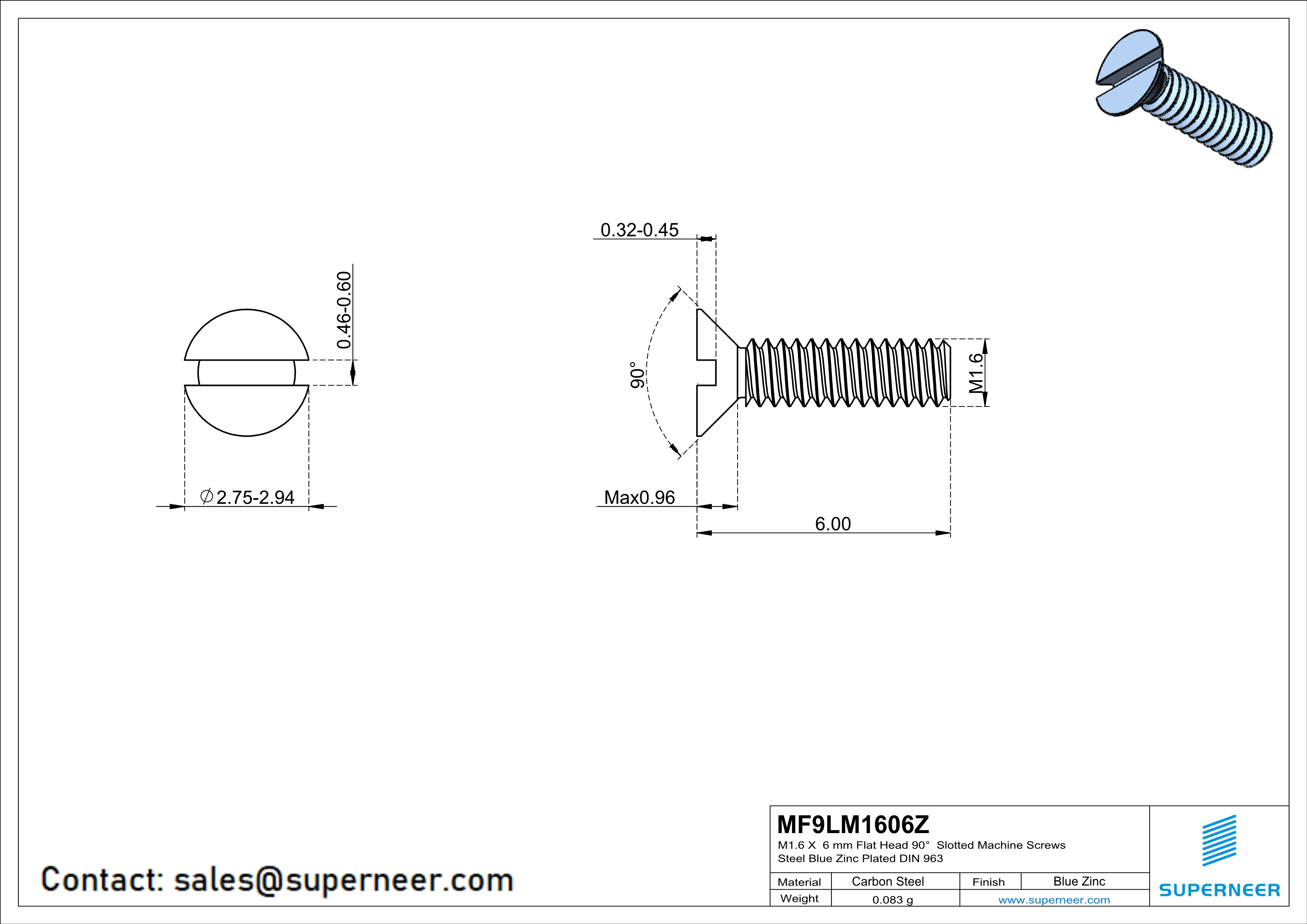 M1.6 x 6 mm Flat Head 90° Slotted Machine Screws Steel Blue Zinc Plated DIN 963