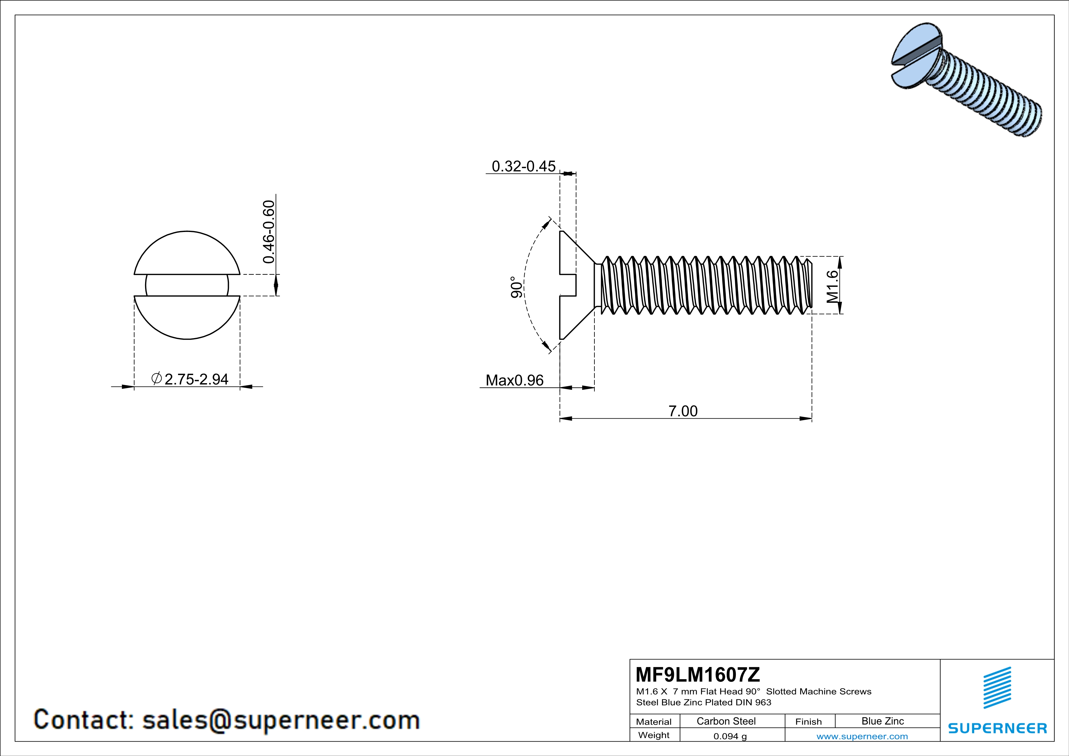 M1.6 x 7 mm Flat Head 90° Slotted Machine Screws Steel Blue Zinc Plated DIN 963