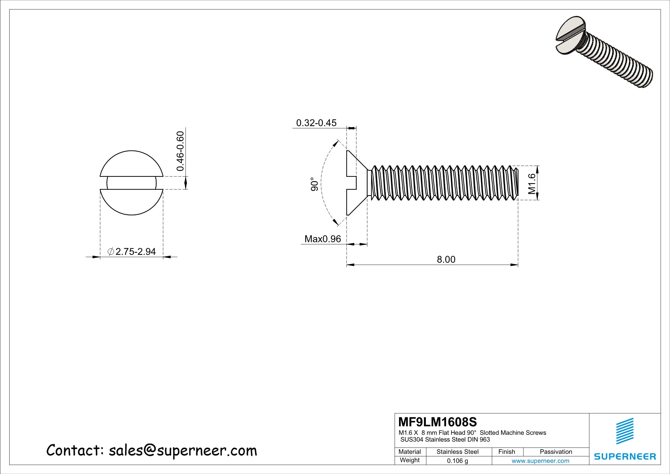 M1.6 x  8 mm Flat Head 90°  Slotted Machine Screws SUS304 Stainless Steel Inox DIN 963