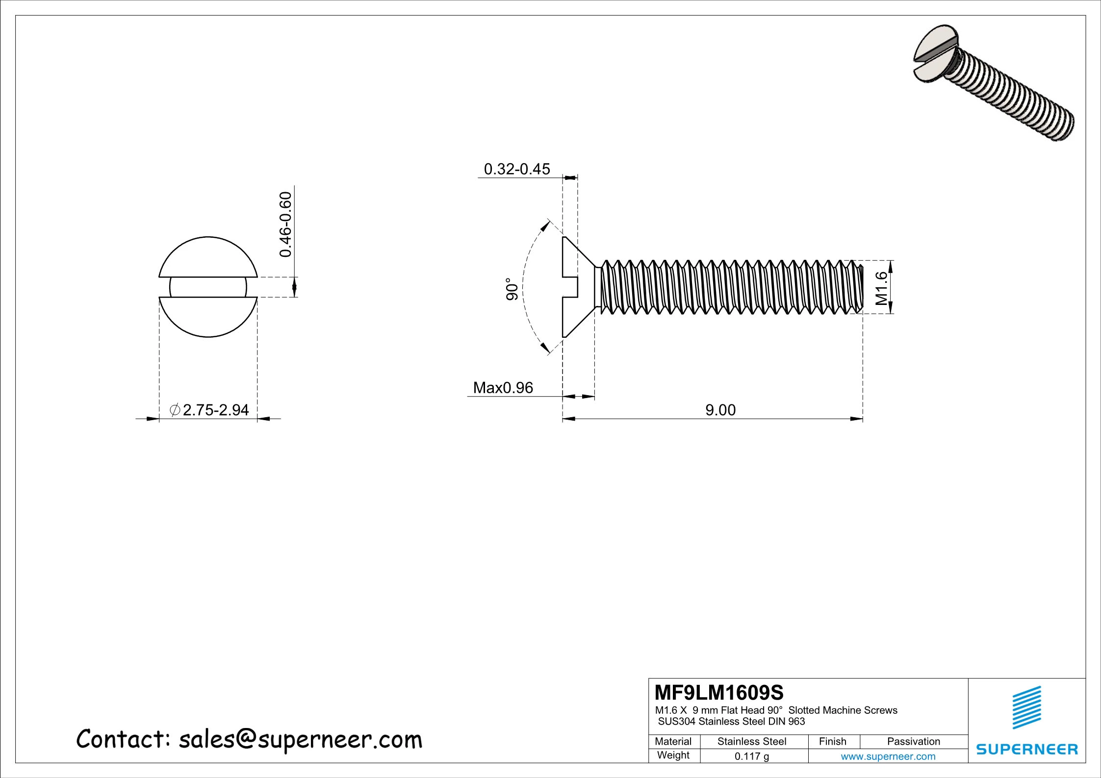 M1.6 x  9 mm Flat Head 90°  Slotted Machine Screws SUS304 Stainless Steel Inox DIN 963