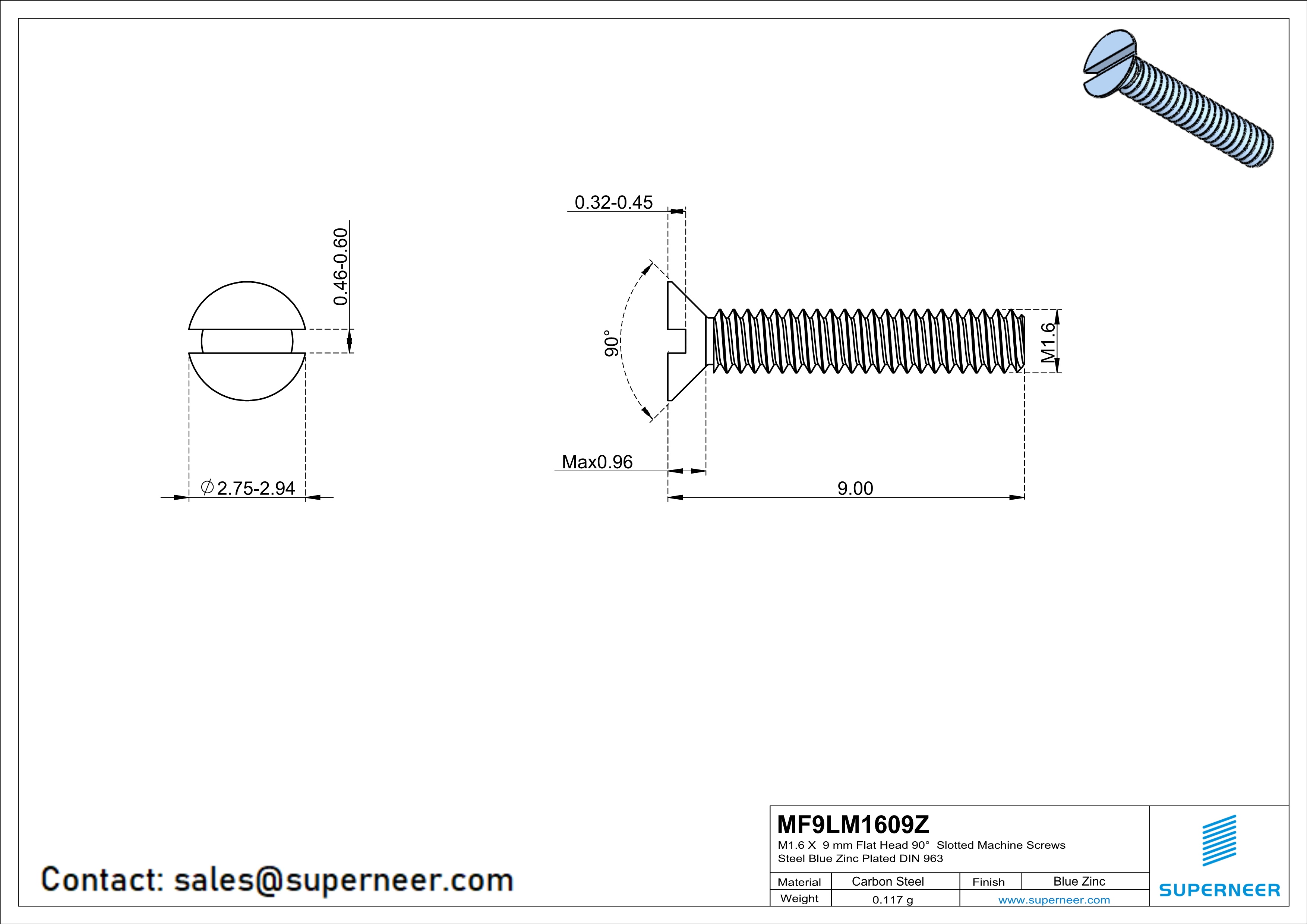 M1.6 x 9 mm Flat Head 90° Slotted Machine Screws Steel Blue Zinc Plated DIN 963