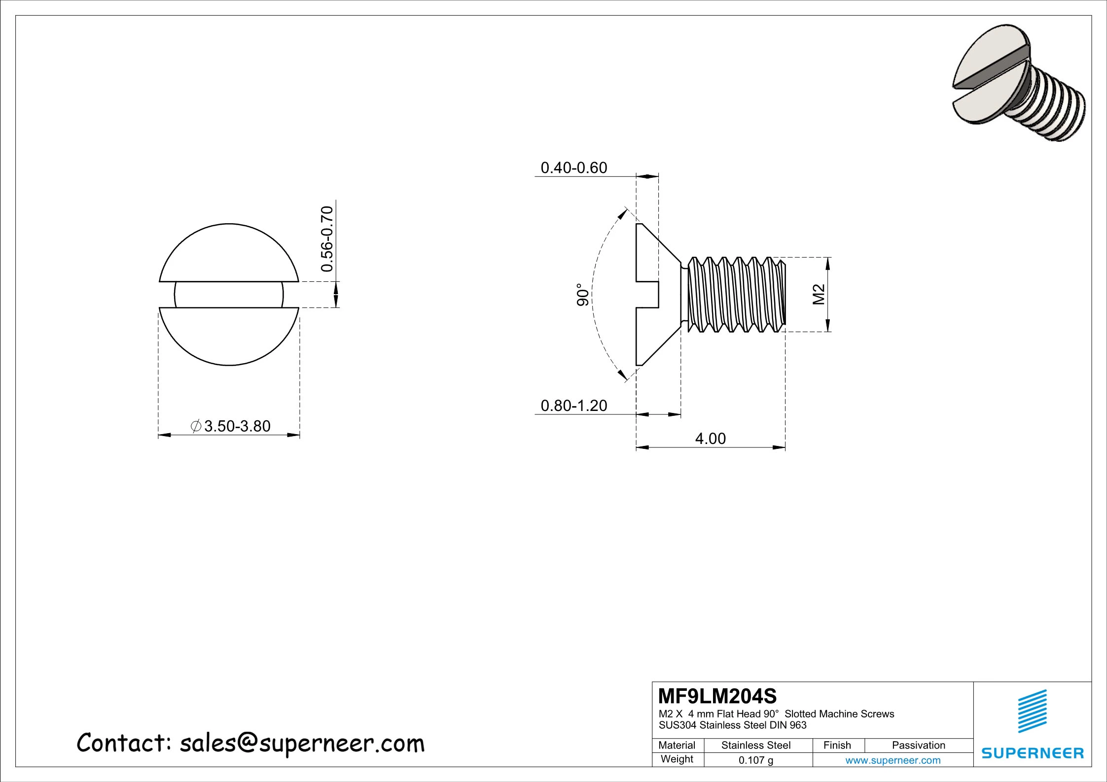 M2 x 4 mm Flat Head 90°  Slotted Machine Screws SUS304 Stainless Steel Inox DIN 963