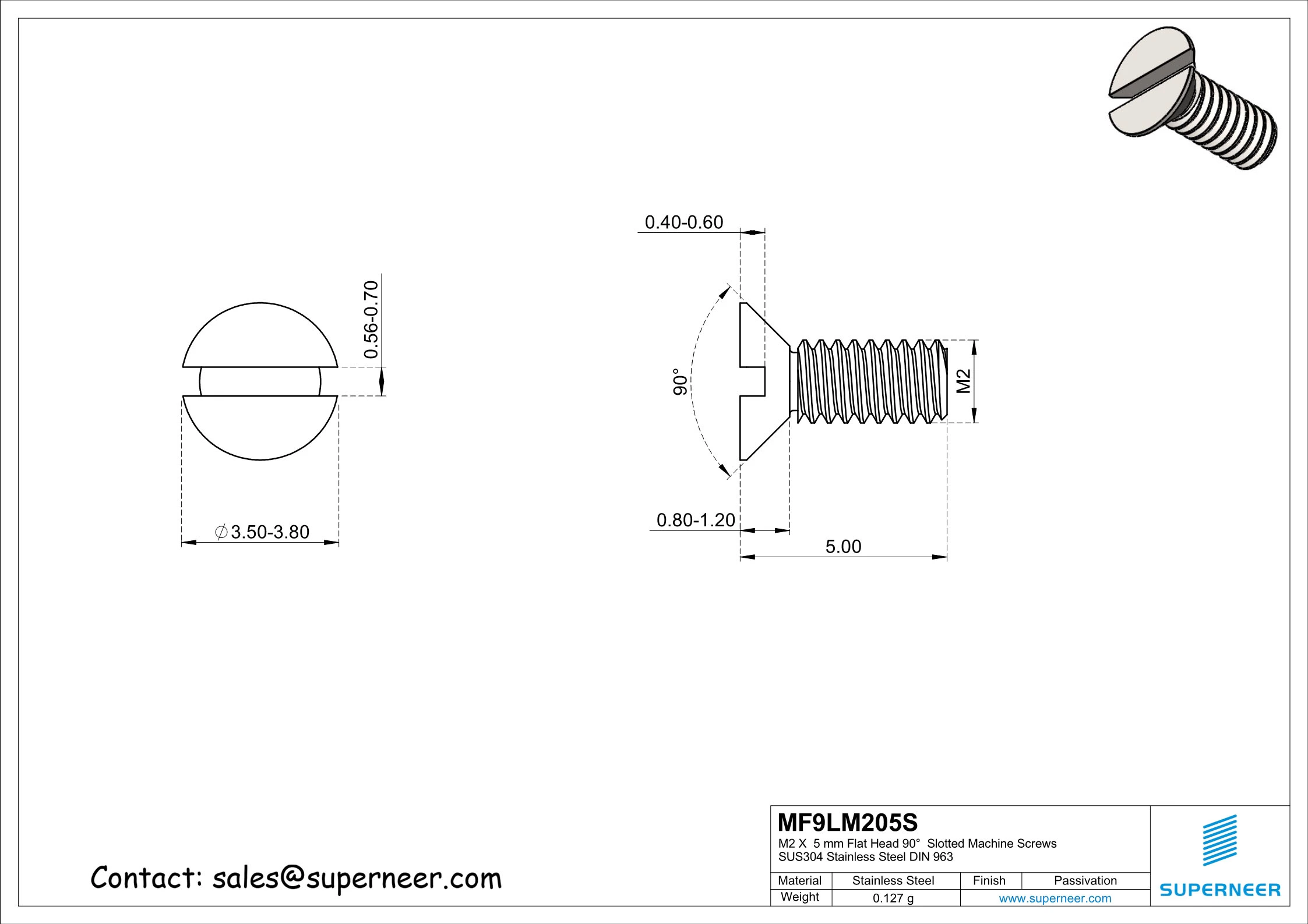 M2 x  5 mm Flat Head 90°  Slotted Machine Screws SUS304 Stainless Steel Inox DIN 963