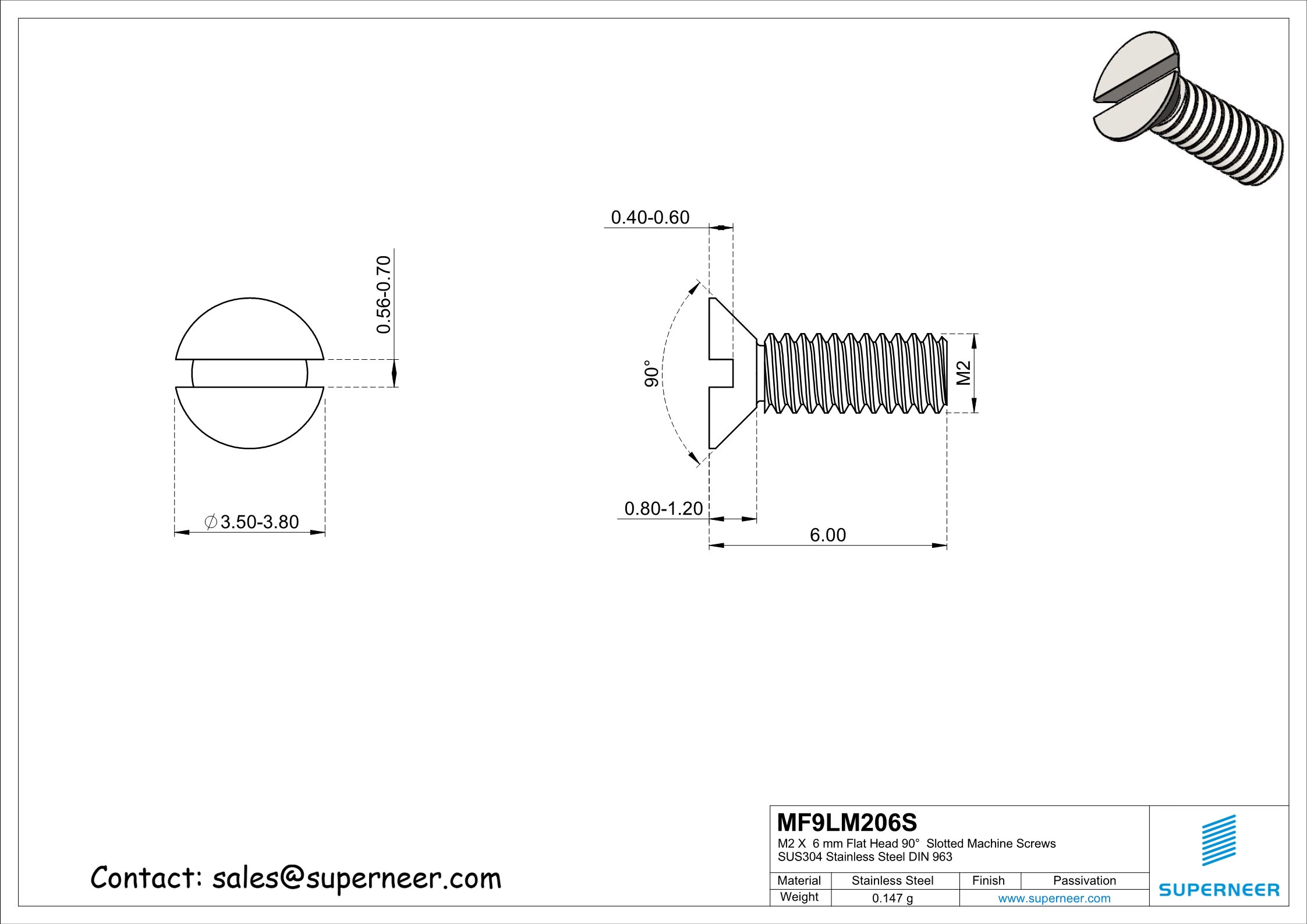 M2  x  6 mm Flat Head 90°  Slotted Machine Screws SUS304 Stainless Steel Inox DIN 963