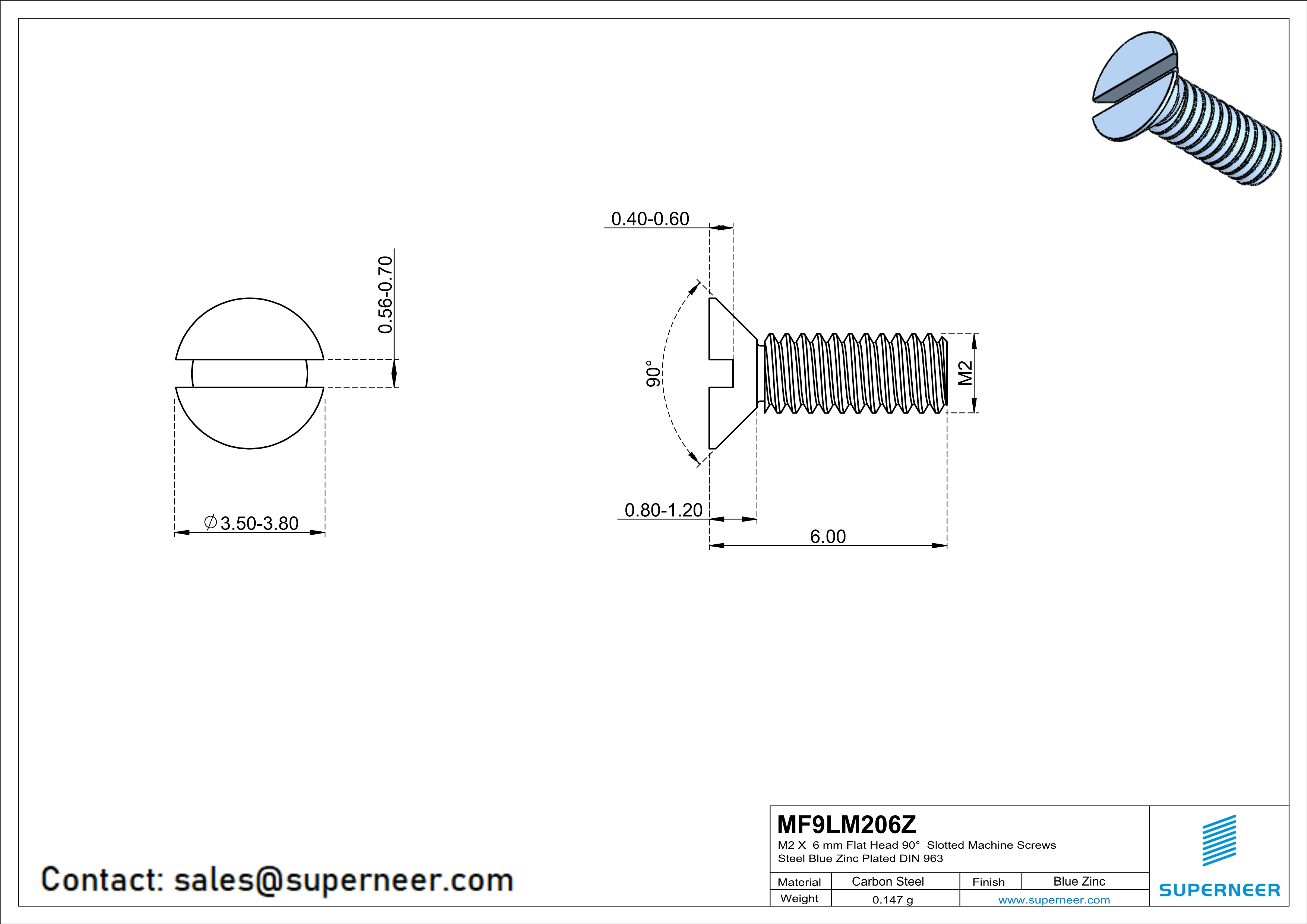 M2 x 6 mm Flat Head 90° Slotted Machine Screws Steel Blue Zinc Plated DIN 963