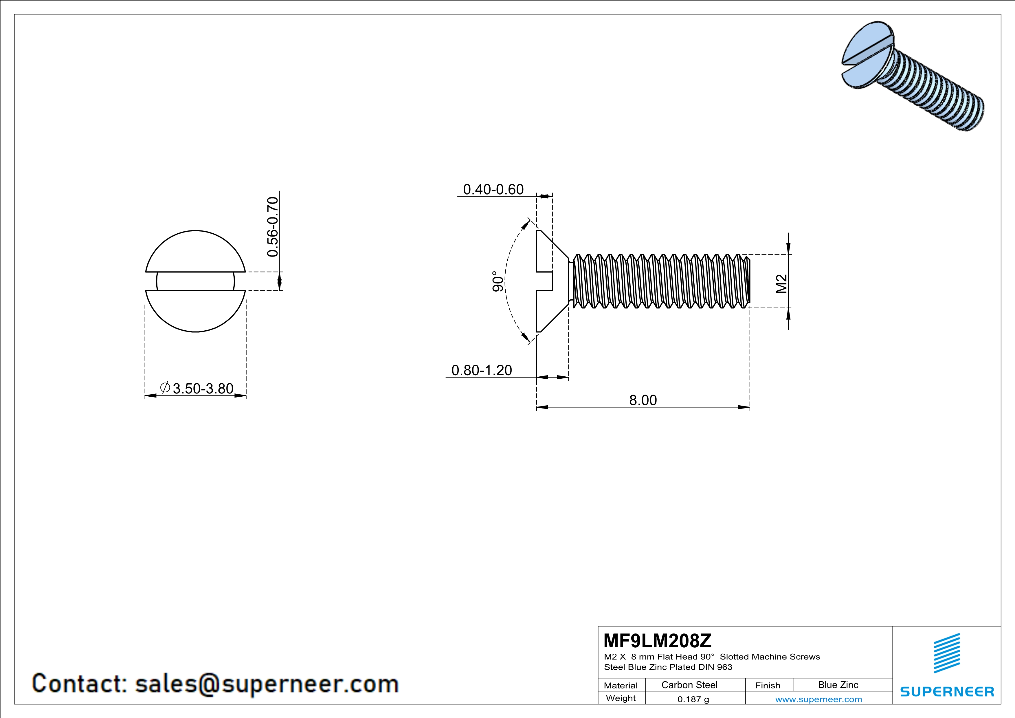 M2 x 8 mm Flat Head 90° Slotted Machine Screws Steel Blue Zinc Plated DIN 963