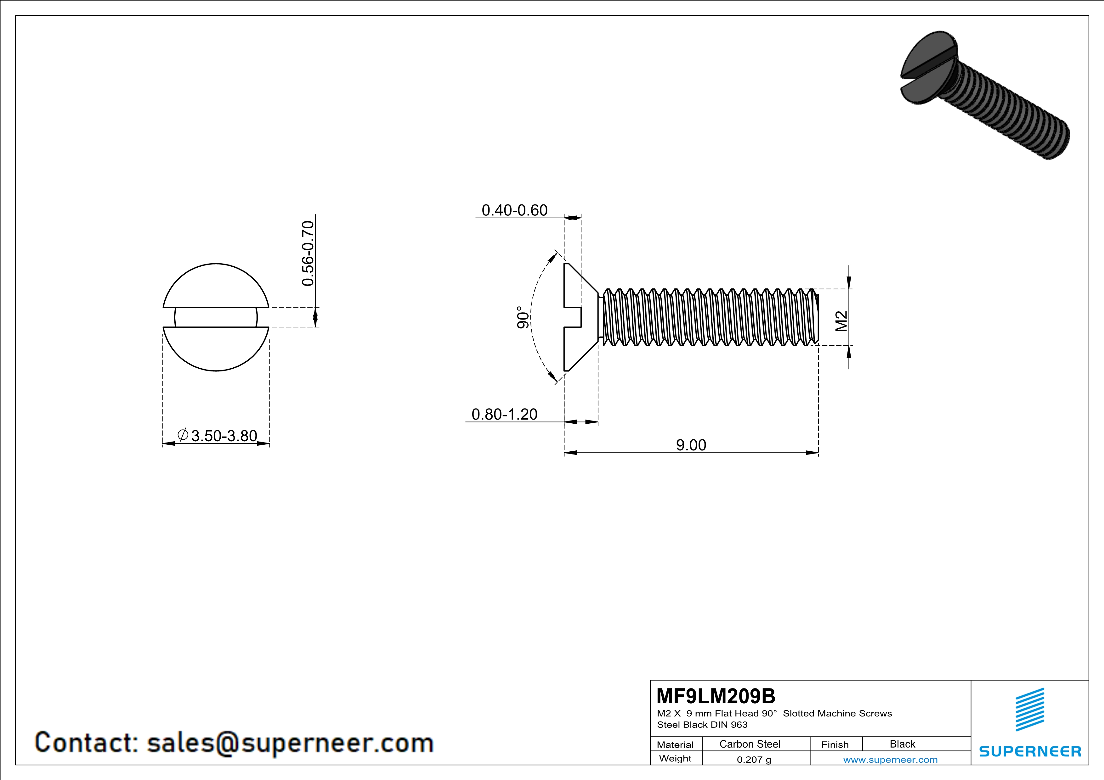 M2 x 9 mm Flat Head 90° Slotted Machine Screws Steel Black DIN 963