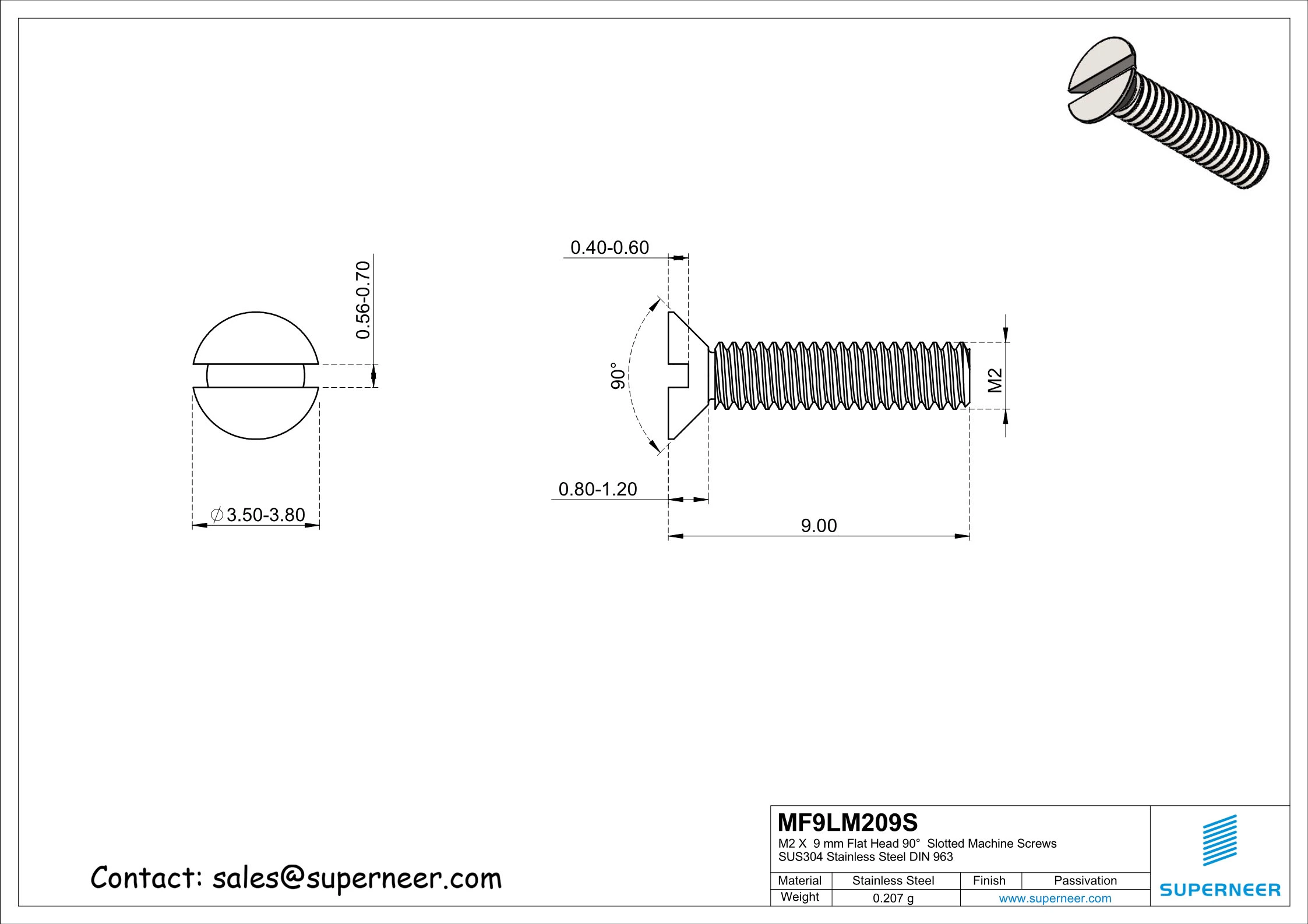 M2  x  9 mm Flat Head 90°  Slotted Machine Screws SUS304 Stainless Steel Inox DIN 963