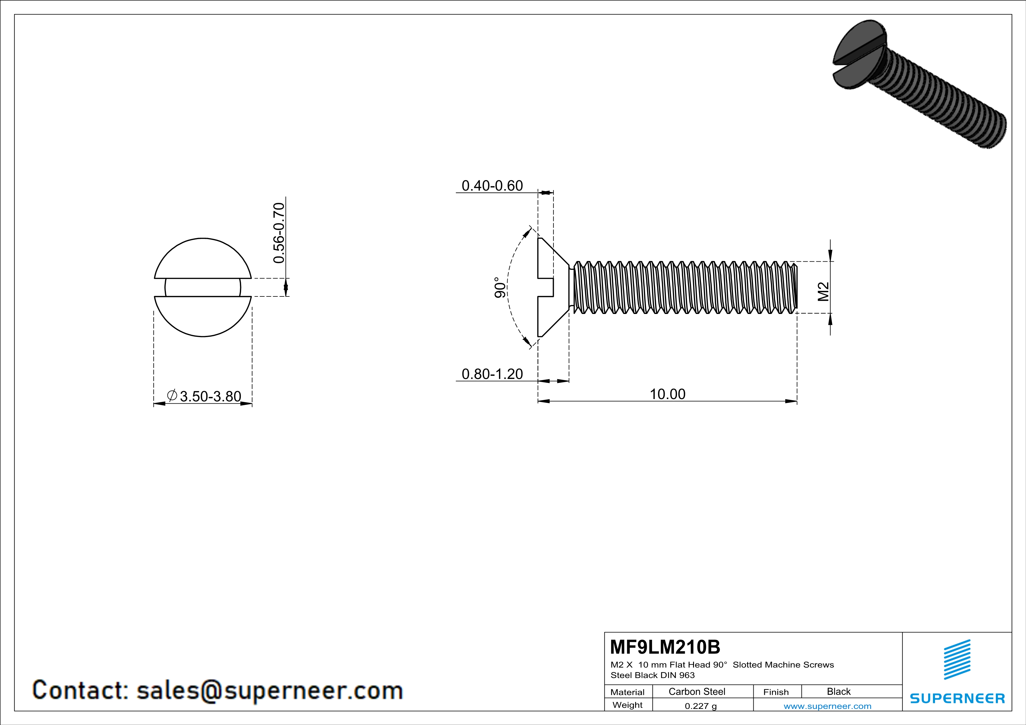 M2 x 10 mm Flat Head 90° Slotted Machine Screws Steel Black DIN 963