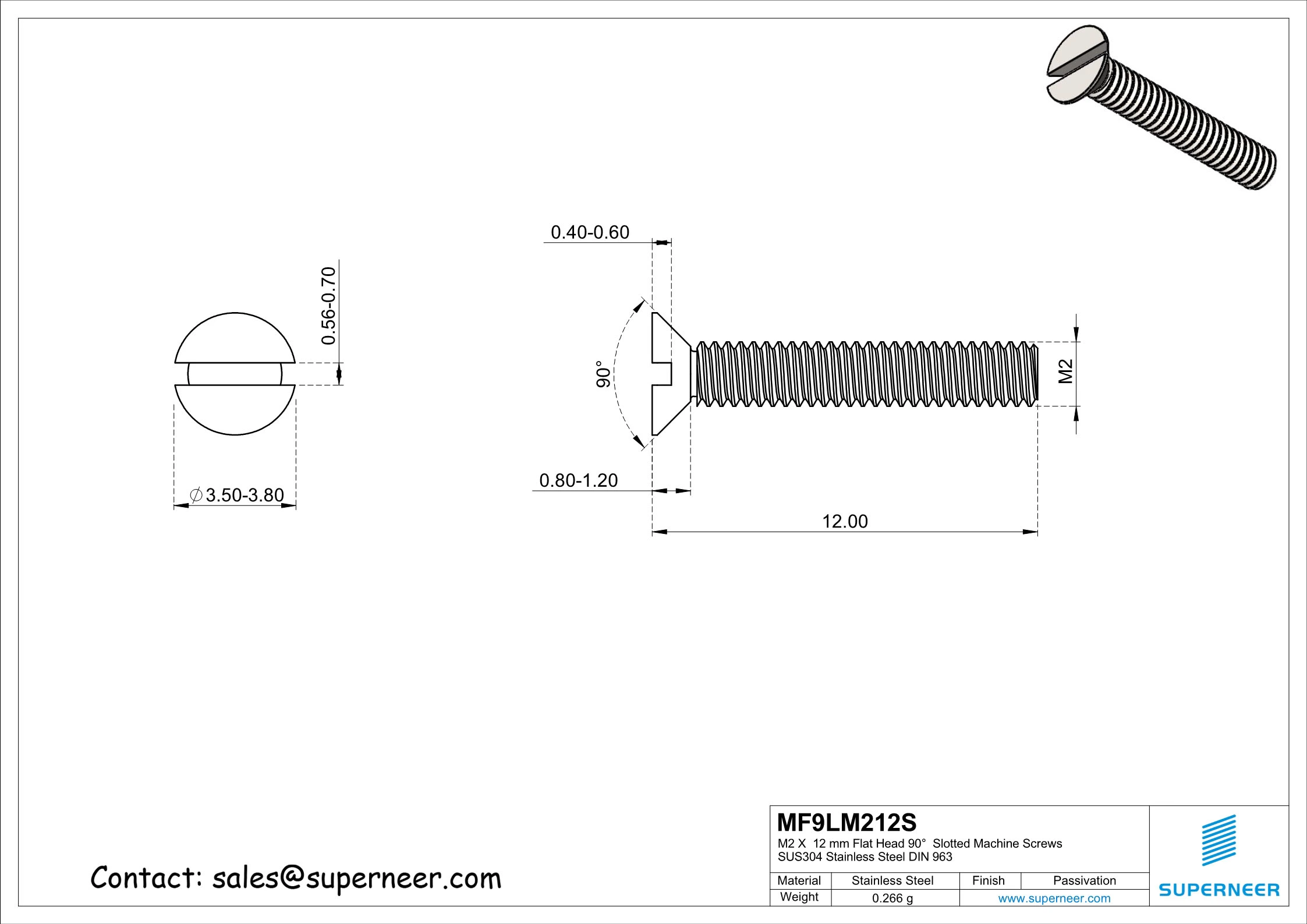 M2  x  12 mm Flat Head 90°  Slotted Machine Screws SUS304 Stainless Steel Inox DIN 963