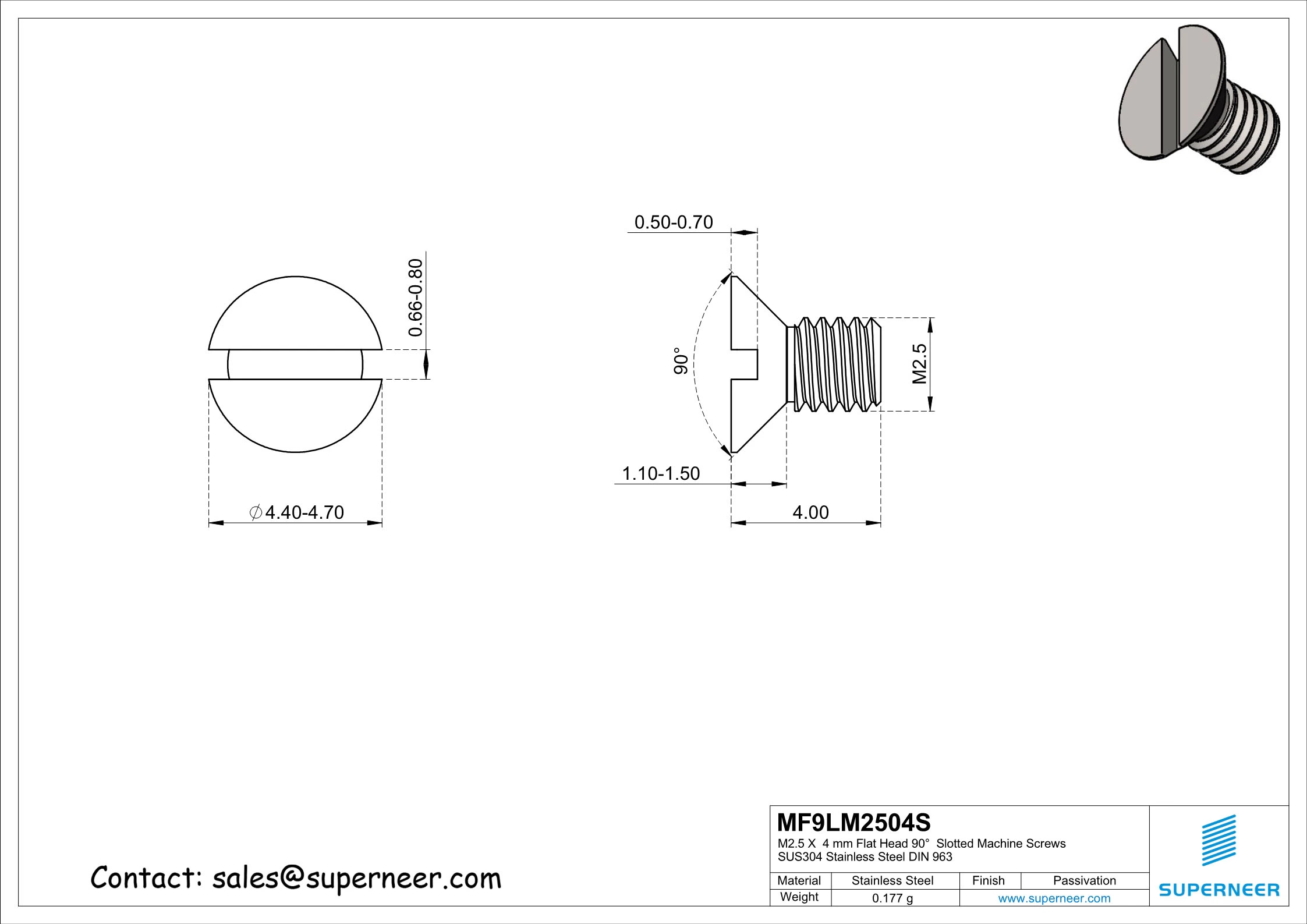 M2.5 x  4 mm Flat Head 90°  Slotted Machine Screws SUS304 Stainless Steel Inox DIN 963