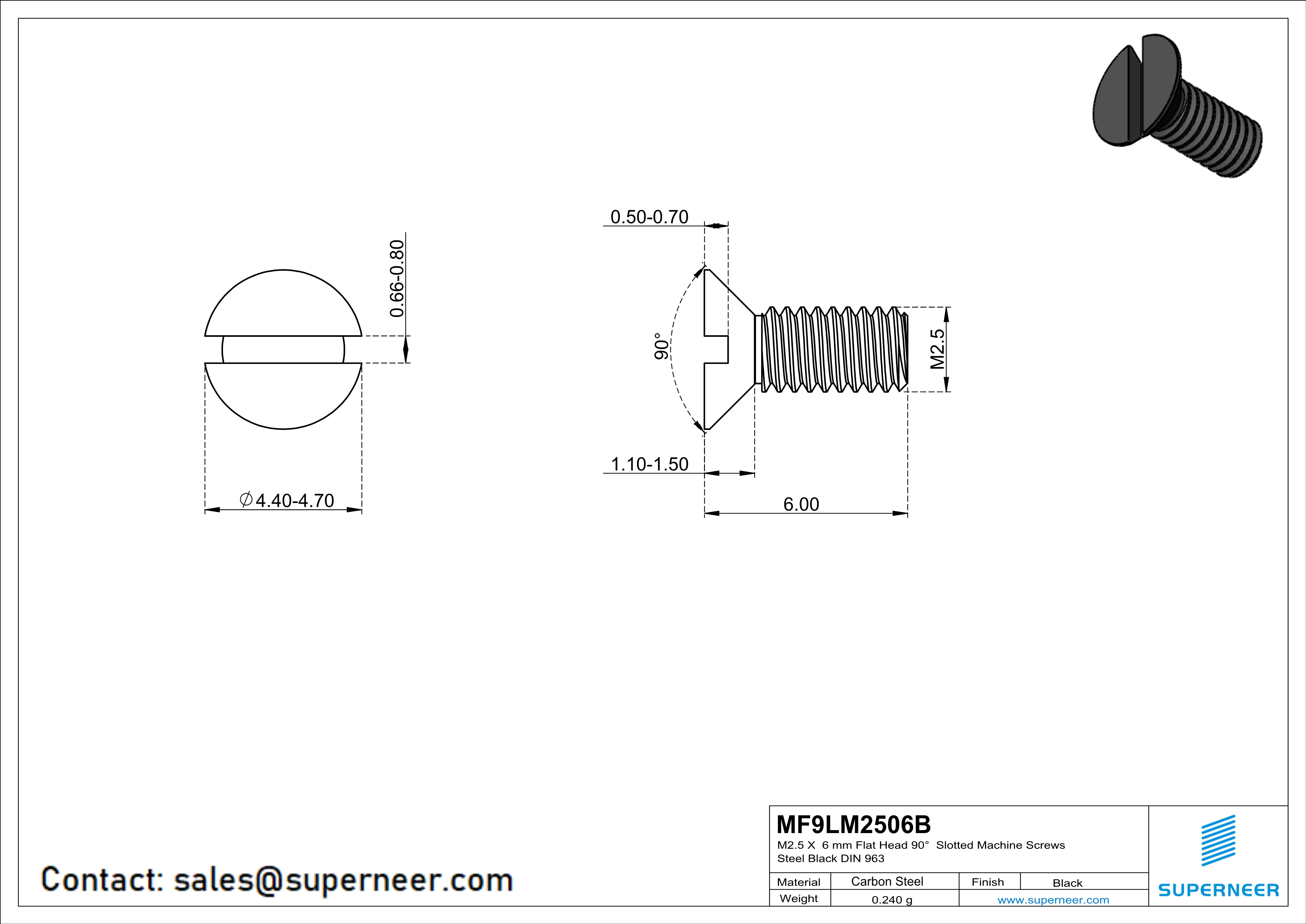 M2.5 x 6 mm Flat Head 90° Slotted Machine Screws Steel Black DIN 963