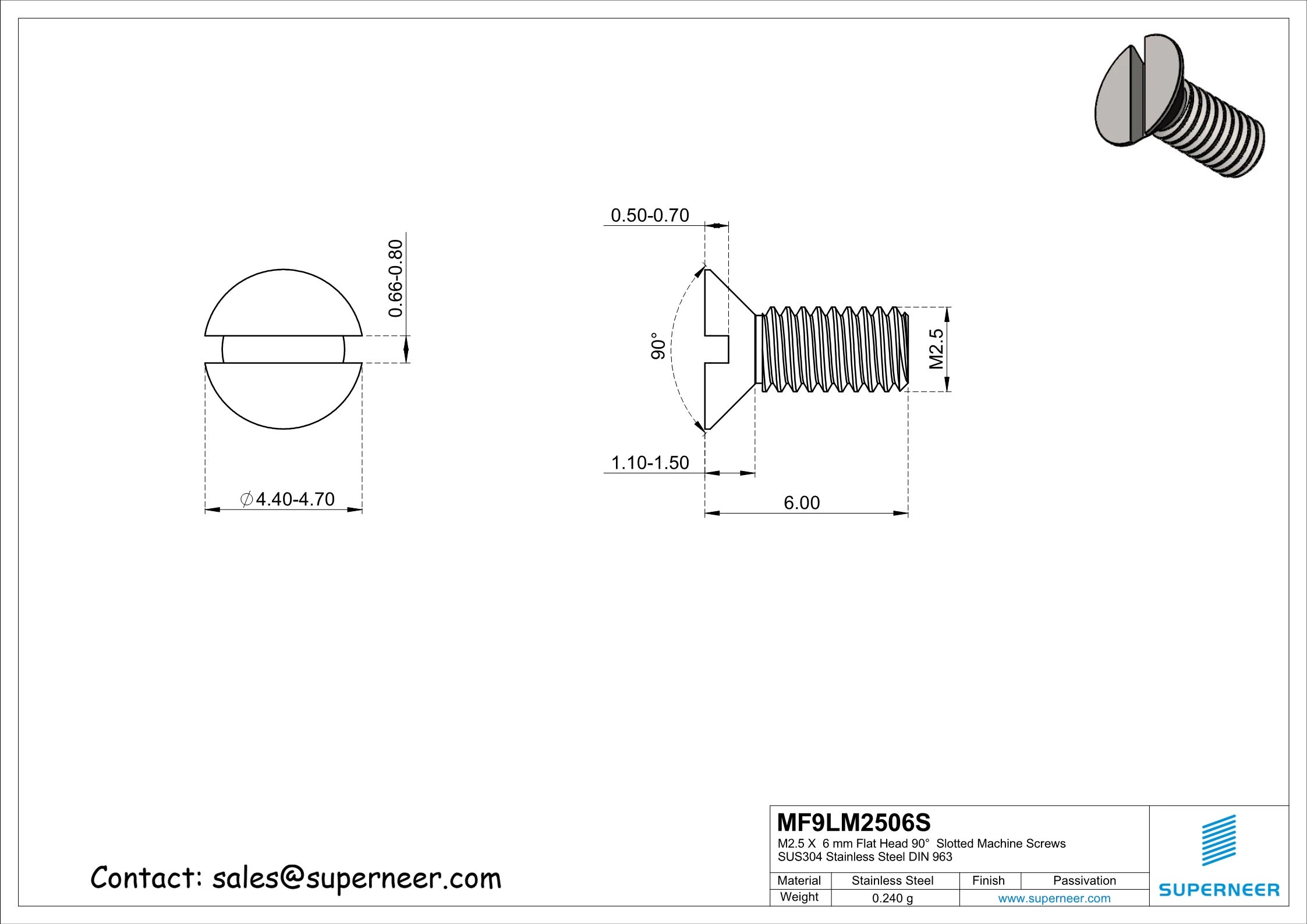 M2.5  x  6 mm Flat Head 90°  Slotted Machine Screws SUS304 Stainless Steel Inox DIN 963