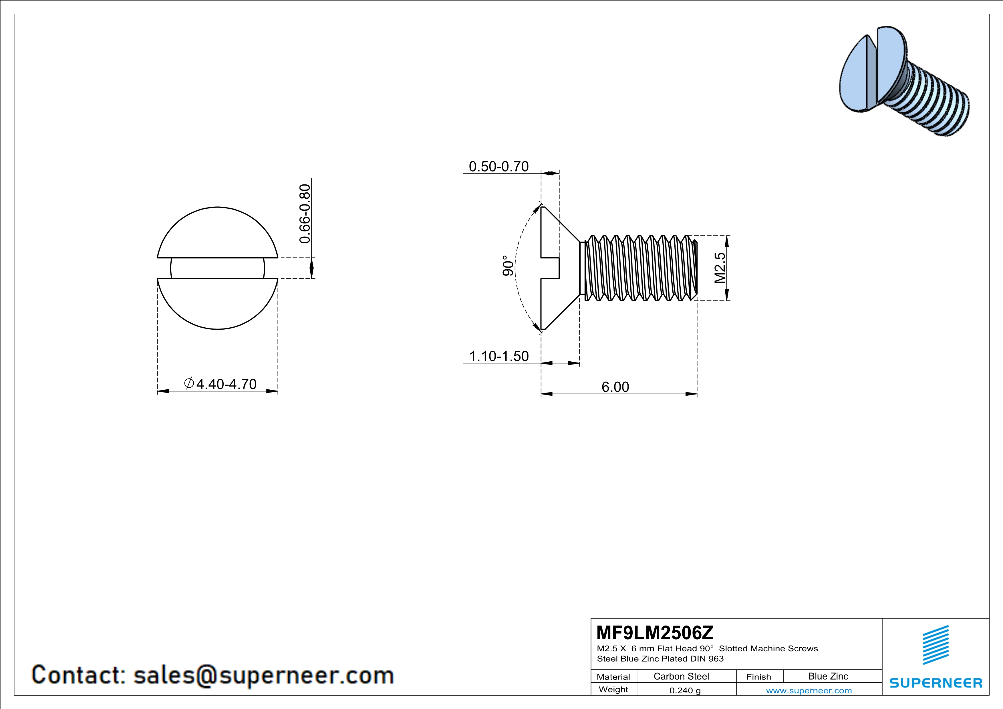 M2.5 x 6 mm Flat Head 90° Slotted Machine Screws Steel Blue Zinc Plated DIN 963