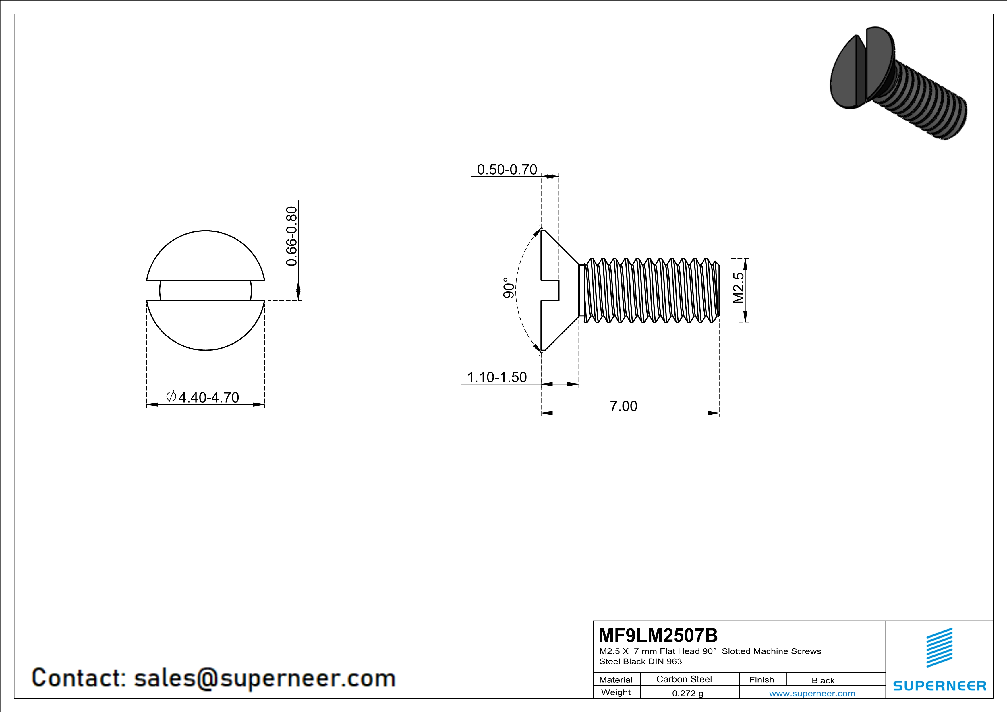 M2.5 x 7 mm Flat Head 90° Slotted Machine Screws Steel Black DIN 963