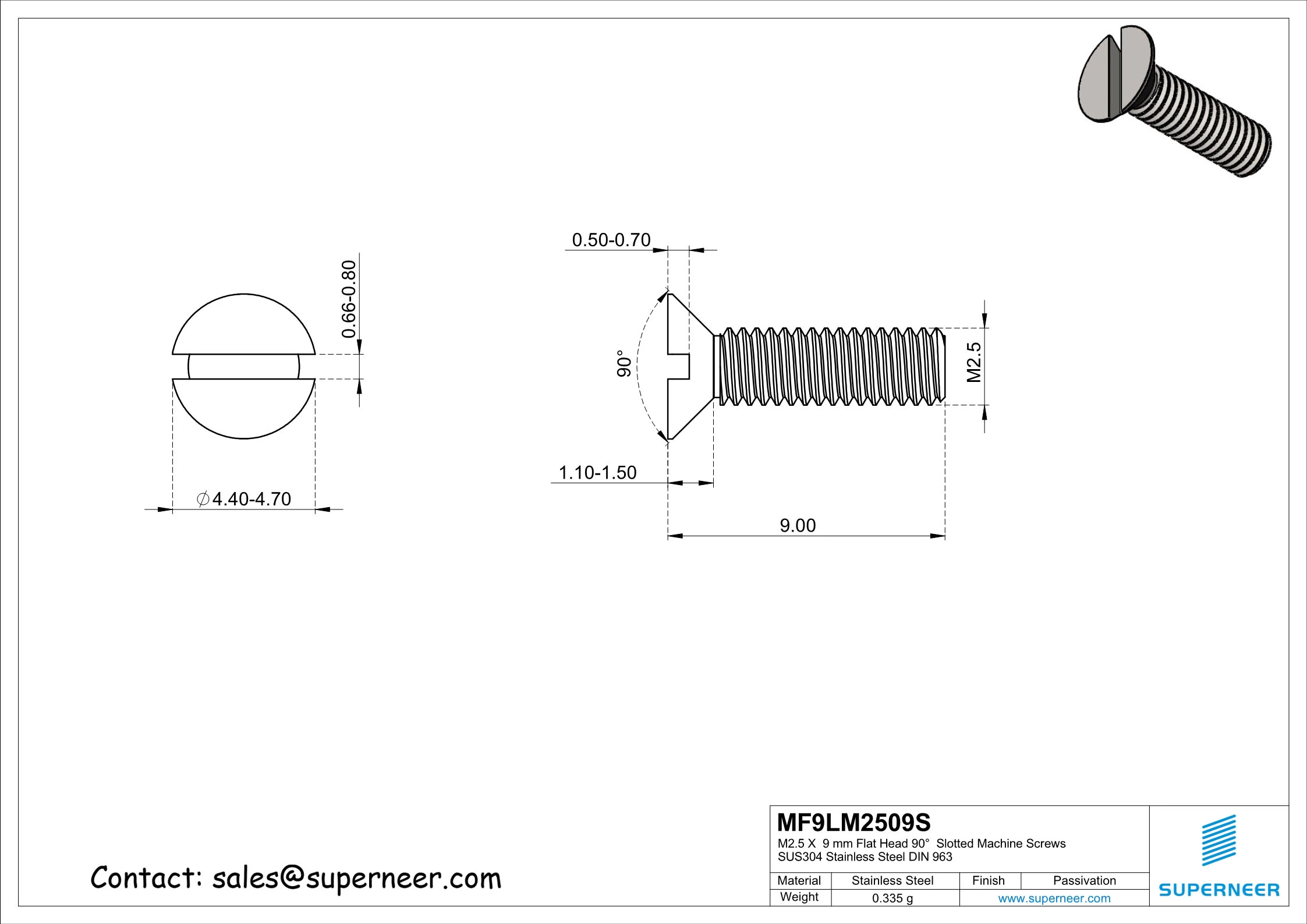 M2.5  x  9 mm Flat Head 90°  Slotted Machine Screws SUS304 Stainless Steel Inox DIN 963