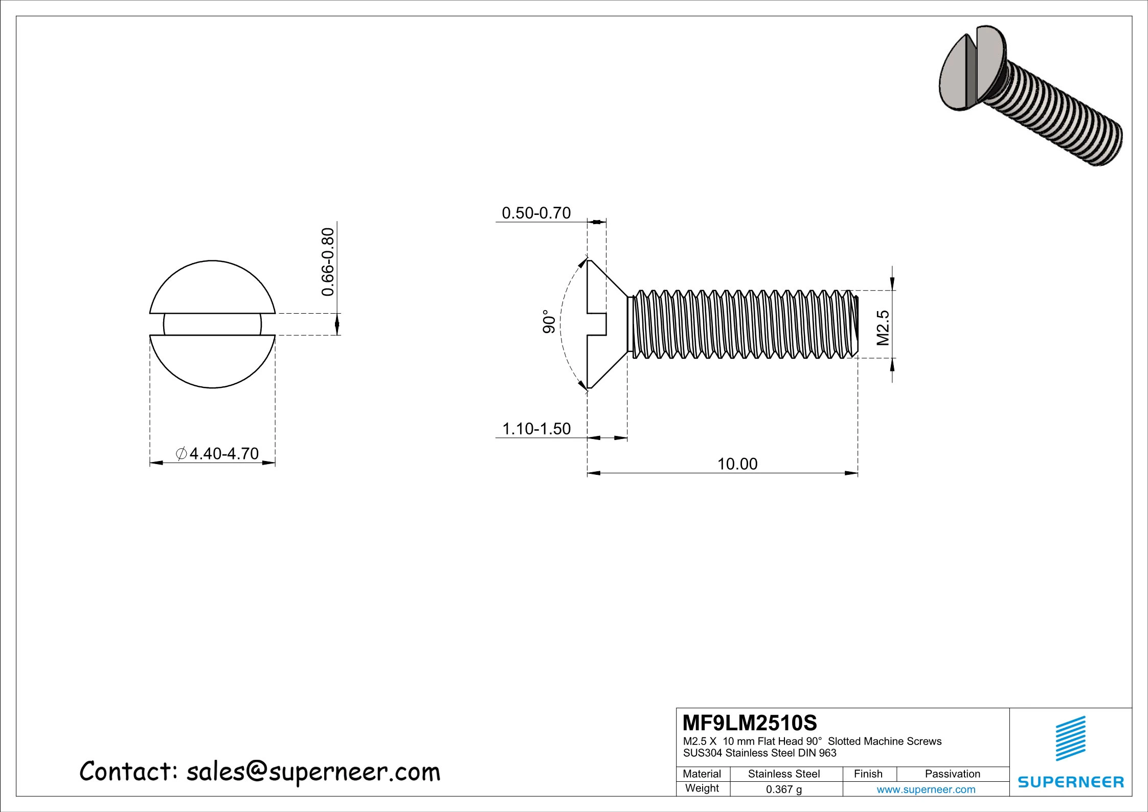 M2.5 x  10 mm Flat Head 90°  Slotted Machine Screws SUS304 Stainless Steel Inox DIN 963